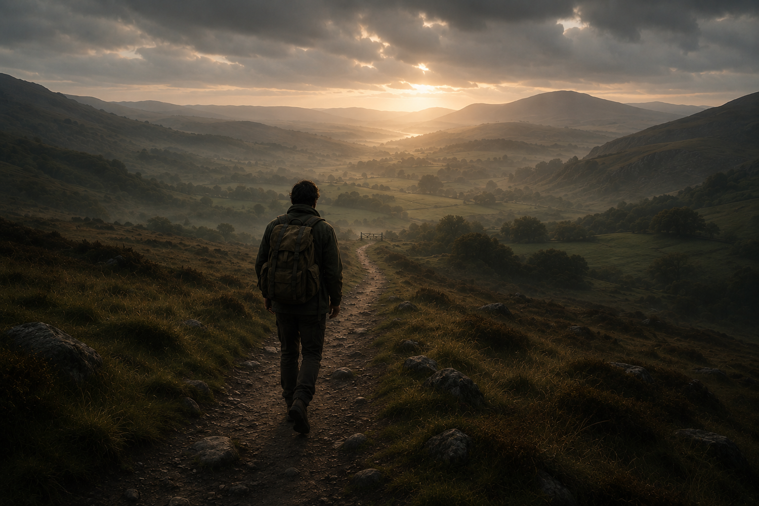 Lone figure with a burden walking a narrow path toward a distant gate