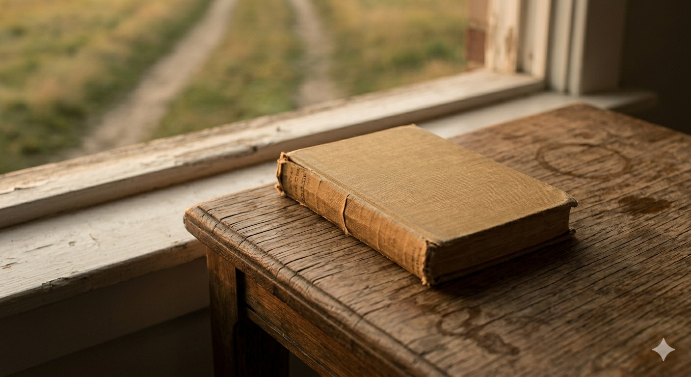 A small, well-worn book resting on a wooden surface near a window in soft morning light, suggesting something quietly life-changing.