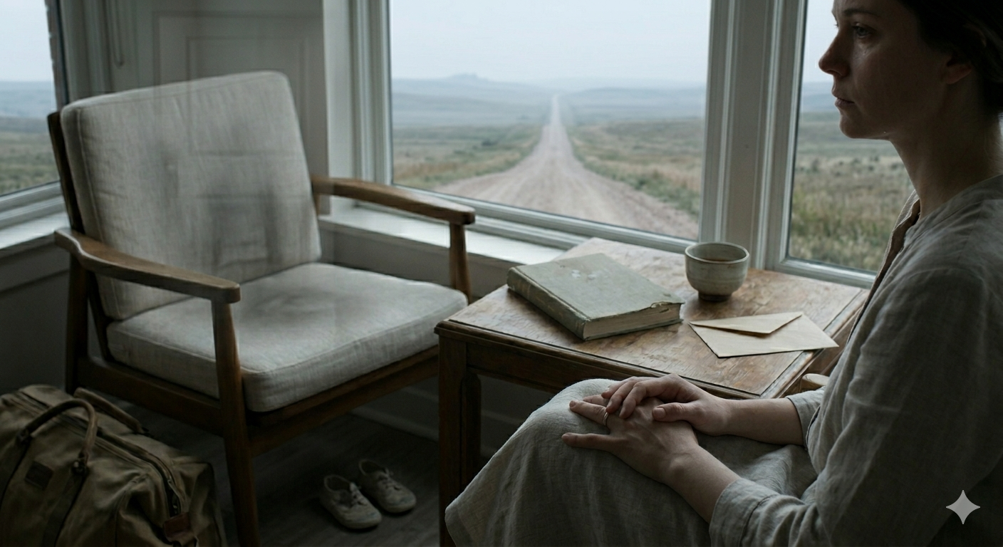 A woman's hands resting near a window in quiet morning light, an empty chair across from her, evoking the weight of a road not yet taken.