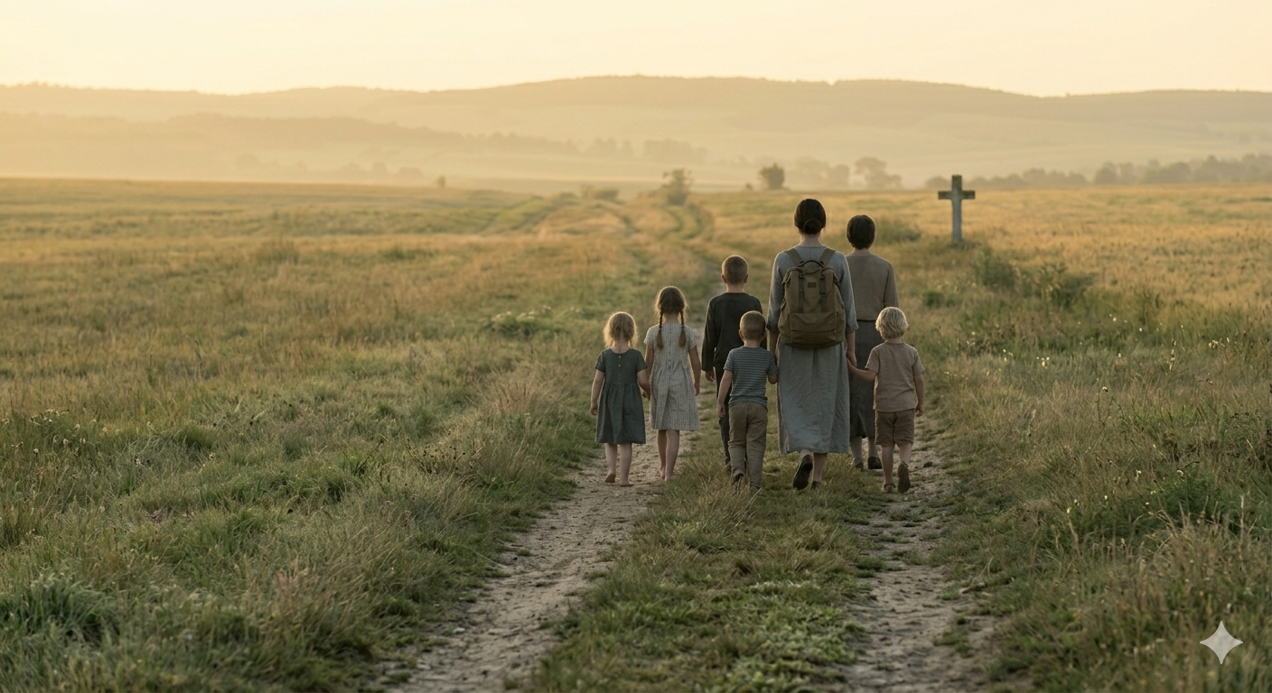 A woman and children seen from behind walking a narrow country path in early morning light, accompanied by a companion, setting out on a long journey.