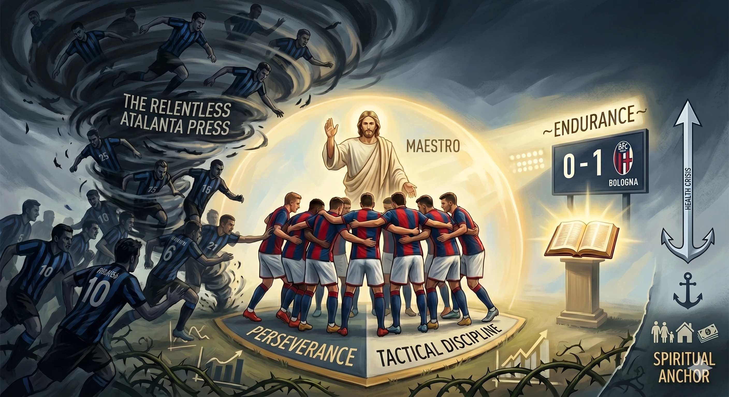 A dramatic illustration titled "The Discipline of the Storm," depicting a resilient Bologna football team in a tight defensive formation, linked together with 'Perseverance' and 'Tactical Discipline' shields, holding their shape against a suffocating metaphorical storm composed of aggressive Atalanta players and chaotic symbolic pressure. Behind them stands a robed Maestro figure, radiating a protective golden light. To the right, a fortified wall displays a '0-1 Bologna' victory and a glowing open Bible with Korean text for James 1:3-4, visually summarizing the spiritual art of endurance.