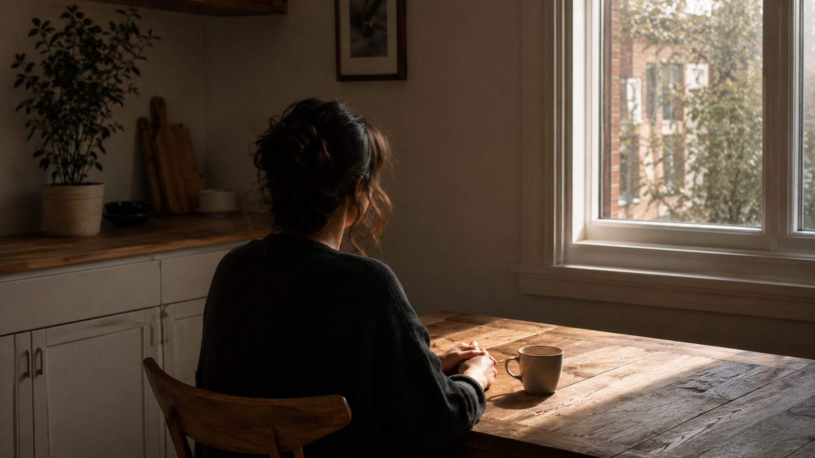  A person seen from behind sitting near a window in soft afternoon light, quietly reflective
