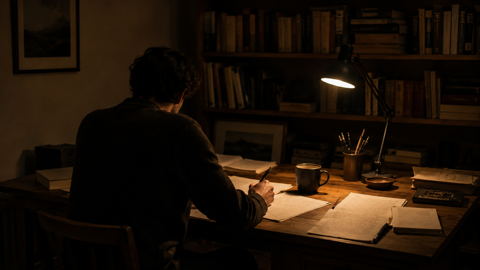 A worn book open under warm lamplight, shadow falling across the page, a moment of quiet labor