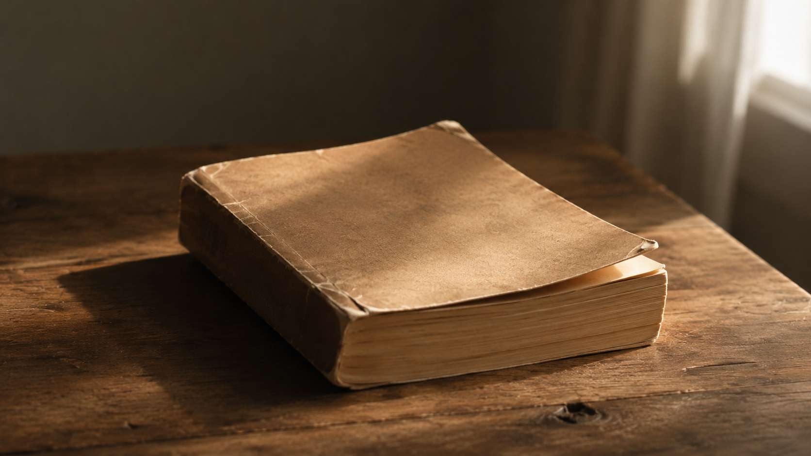 A slightly worn paperback resting on a simple wooden table, warm natural light, no text visible on cover