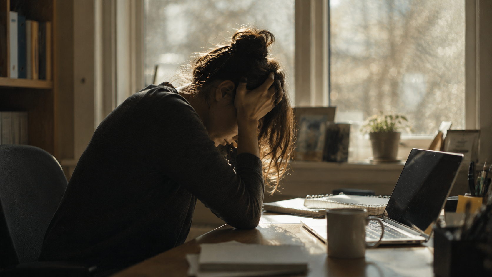 A tired person sitting at a desk with their head resting in their hands beside a dim laptop, while soft afternoon sunlight filters through a nearby window. The warm muted tones and film-grain texture create a quiet atmosphere of mental fatigue, overwhelm, and the need for rest.