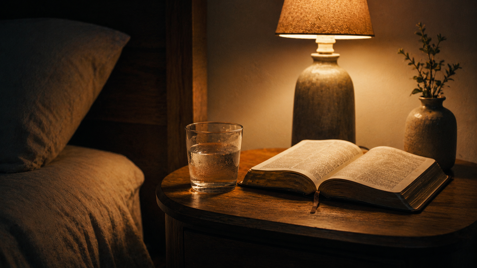 A warmly lit bedside table at night with an open Bible, a glass of water, and a small lamp casting soft amber light across the room. The quiet arrangement and deep shadows create a peaceful atmosphere of intentional rest and evening reflection.