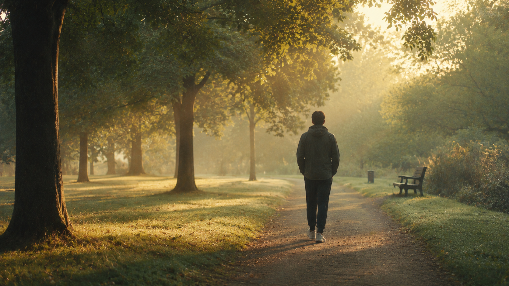 A person walking alone through a quiet park in the early morning, surrounded by dew-covered grass and soft golden sunlight filtering through tall trees. The peaceful path and warm film-grain aesthetic create a calm, reflective atmosphere of intentional rest and slow living.
