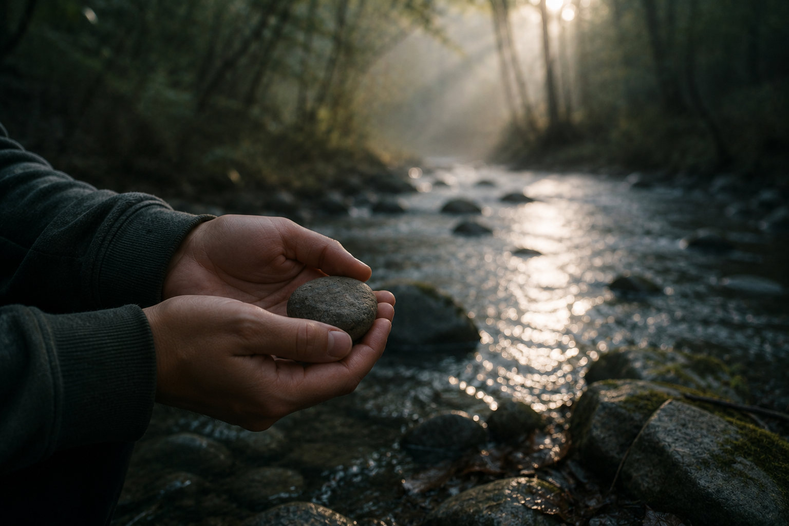 Two hands holding a stone near a quiet stream in early morning light, capturing the moment something long-tangled begins to loosen