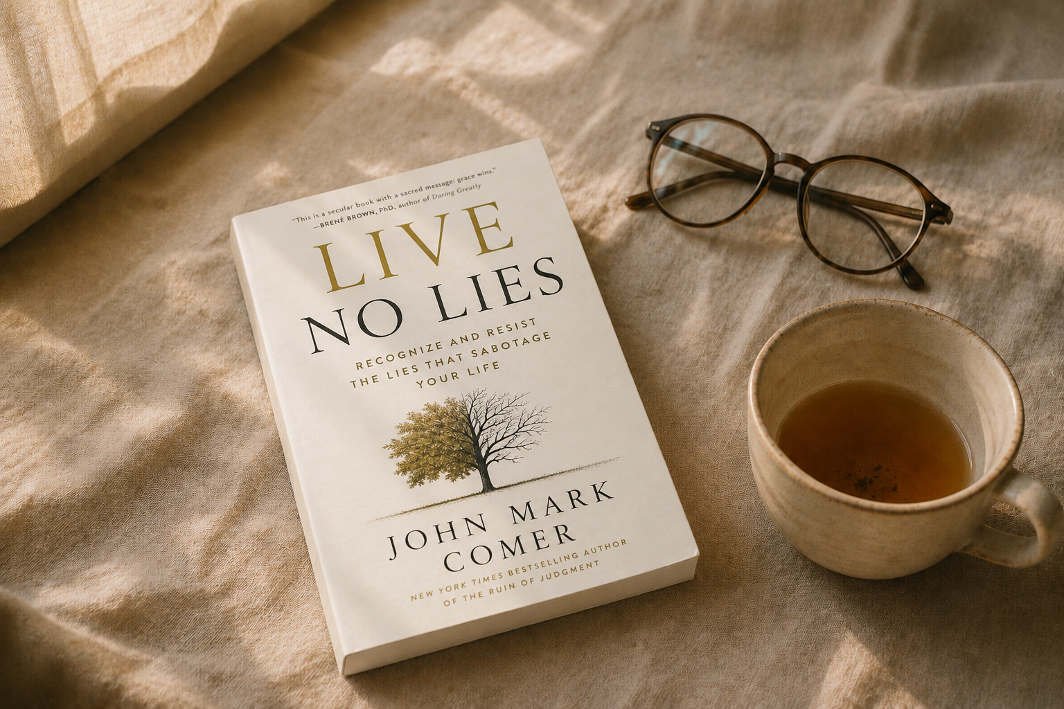 Paperback book resting on linen surface with warm light, quiet and contemplative