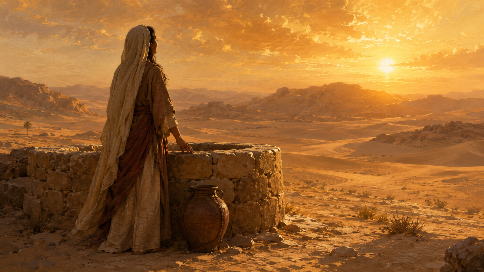 A woman in earth-toned robes stands beside a stone well in a golden desert at sunset, illustrating Hagar's encounter with El Roi in Genesis 16.