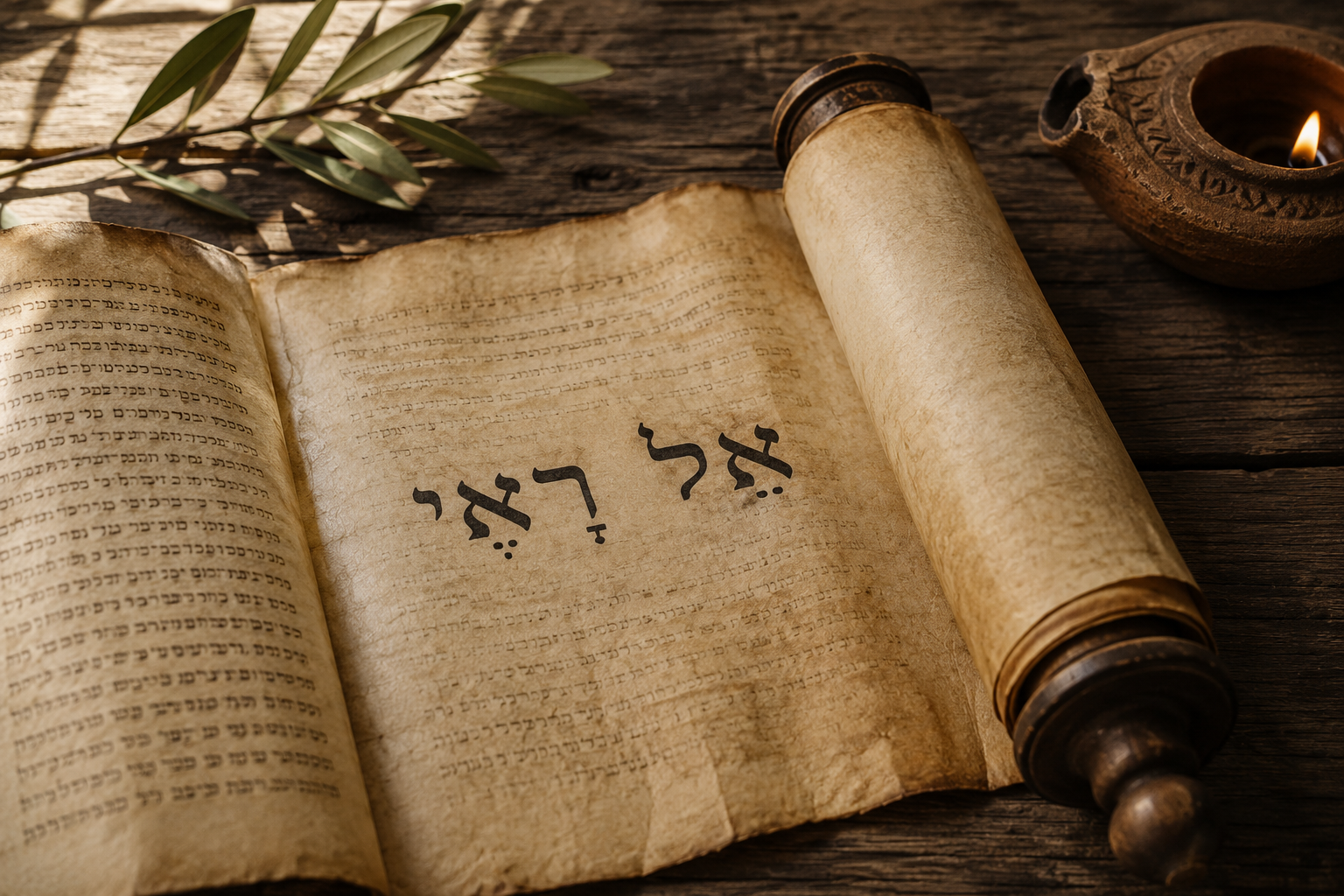 Hebrew text "El Roi" written in calligraphy on an open scroll with an olive branch and clay lamp, representing the Hebrew name for the God who sees.