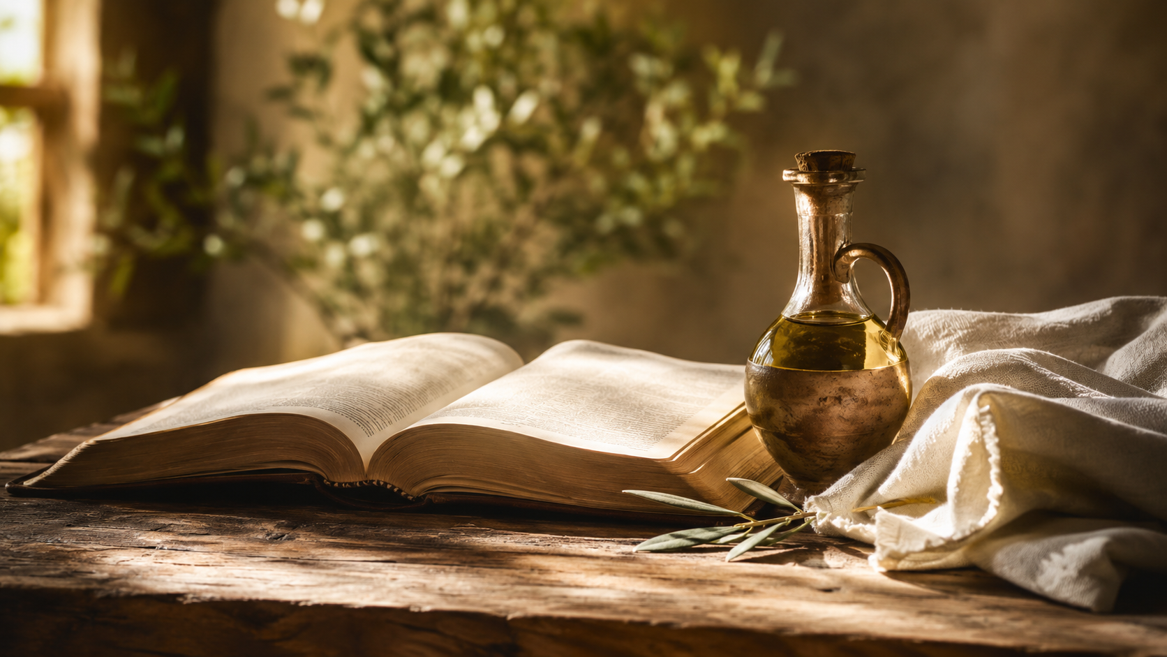 An open Bible in soft window light beside a clay vessel of olive oil and a folded white linen cloth, representing Scripture and prayer for healing.