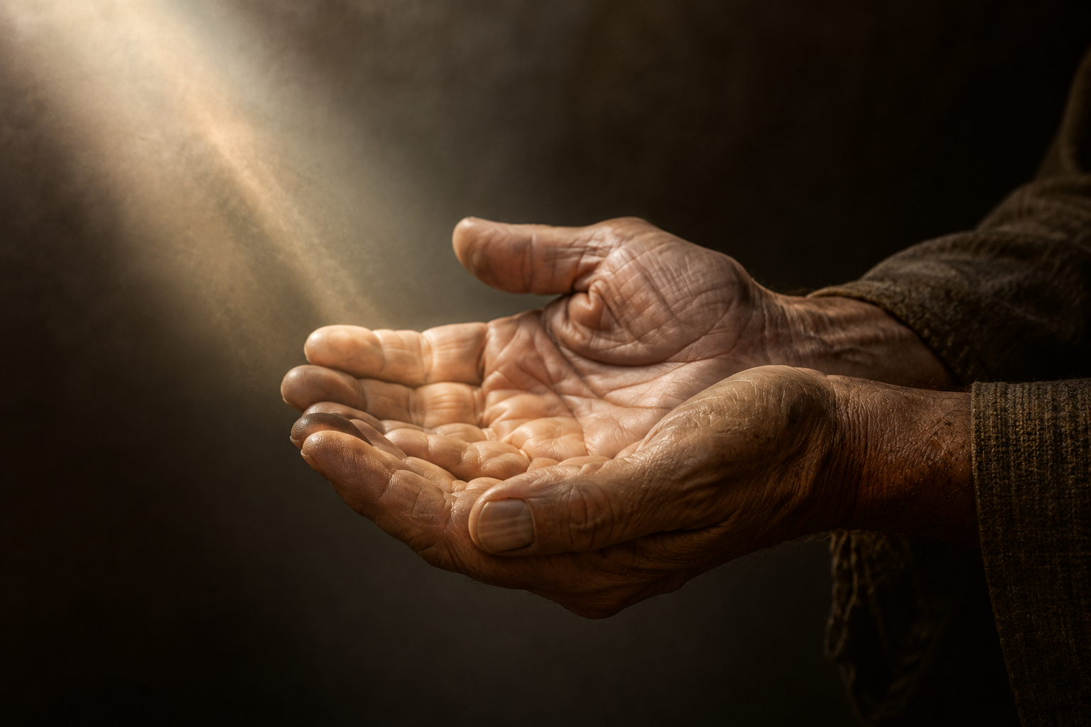 Weathered hands cupped open in a posture of prayer and receiving, with soft light falling into the open palms, symbolizing surrender and healing prayer.