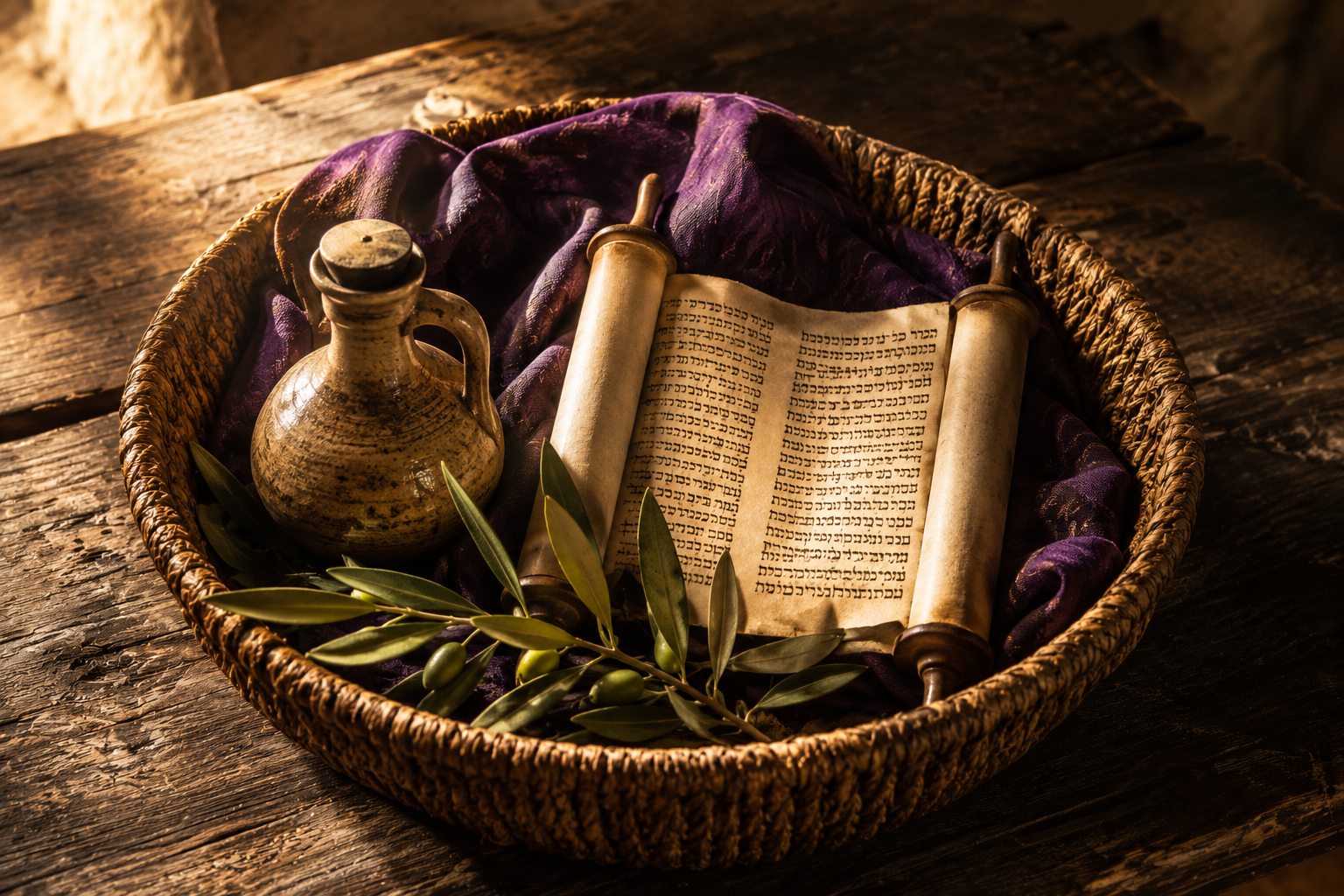 A still life of perfumed oil, purple cloth, an olive branch, and a Hebrew scroll in a hand-woven basket, symbolizing the various women in the Bible from Old to New Testament.
