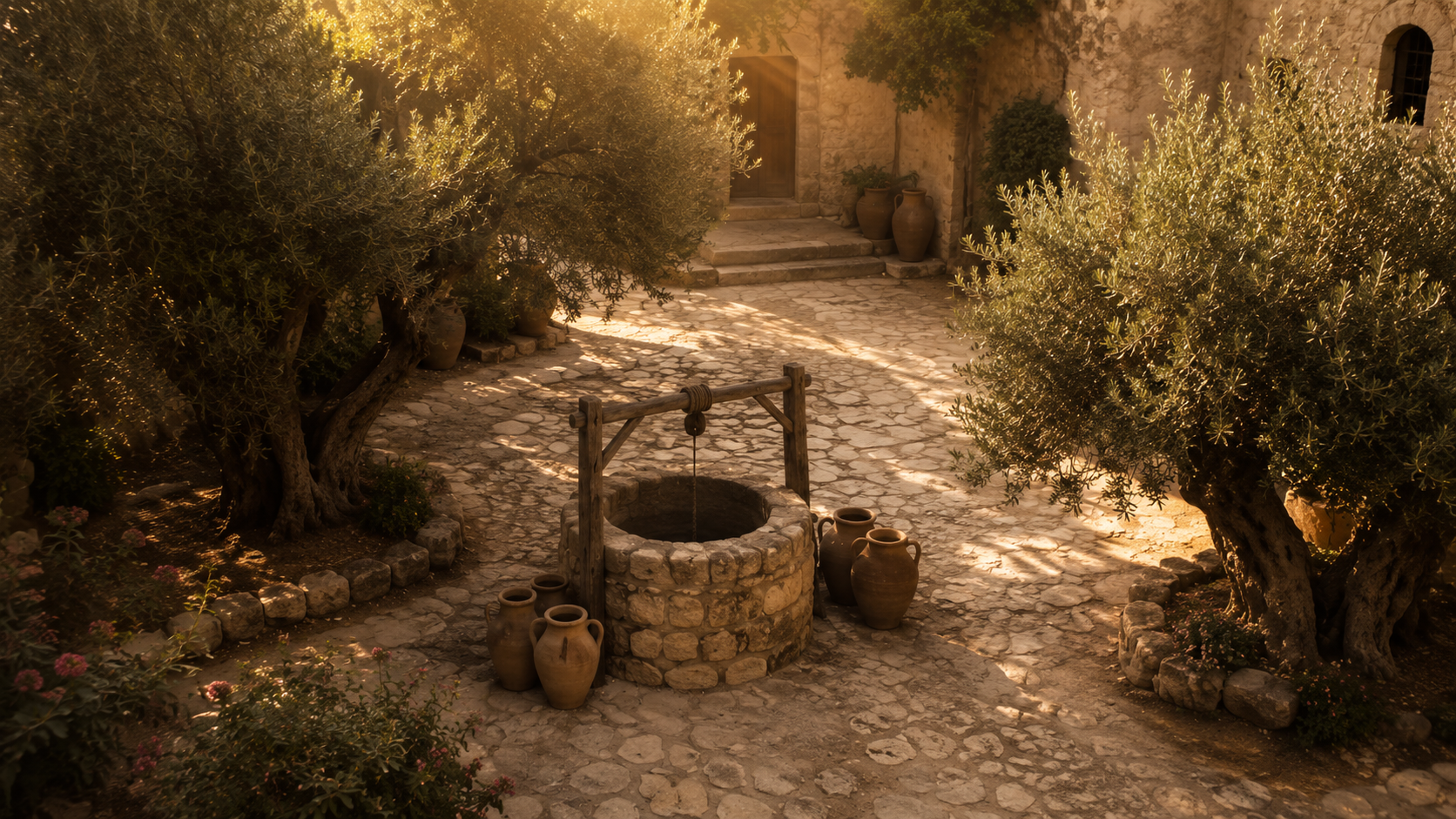 A stone courtyard at golden hour with an ancient well and olive trees, representing the gathering places where many women in the Bible encountered God.