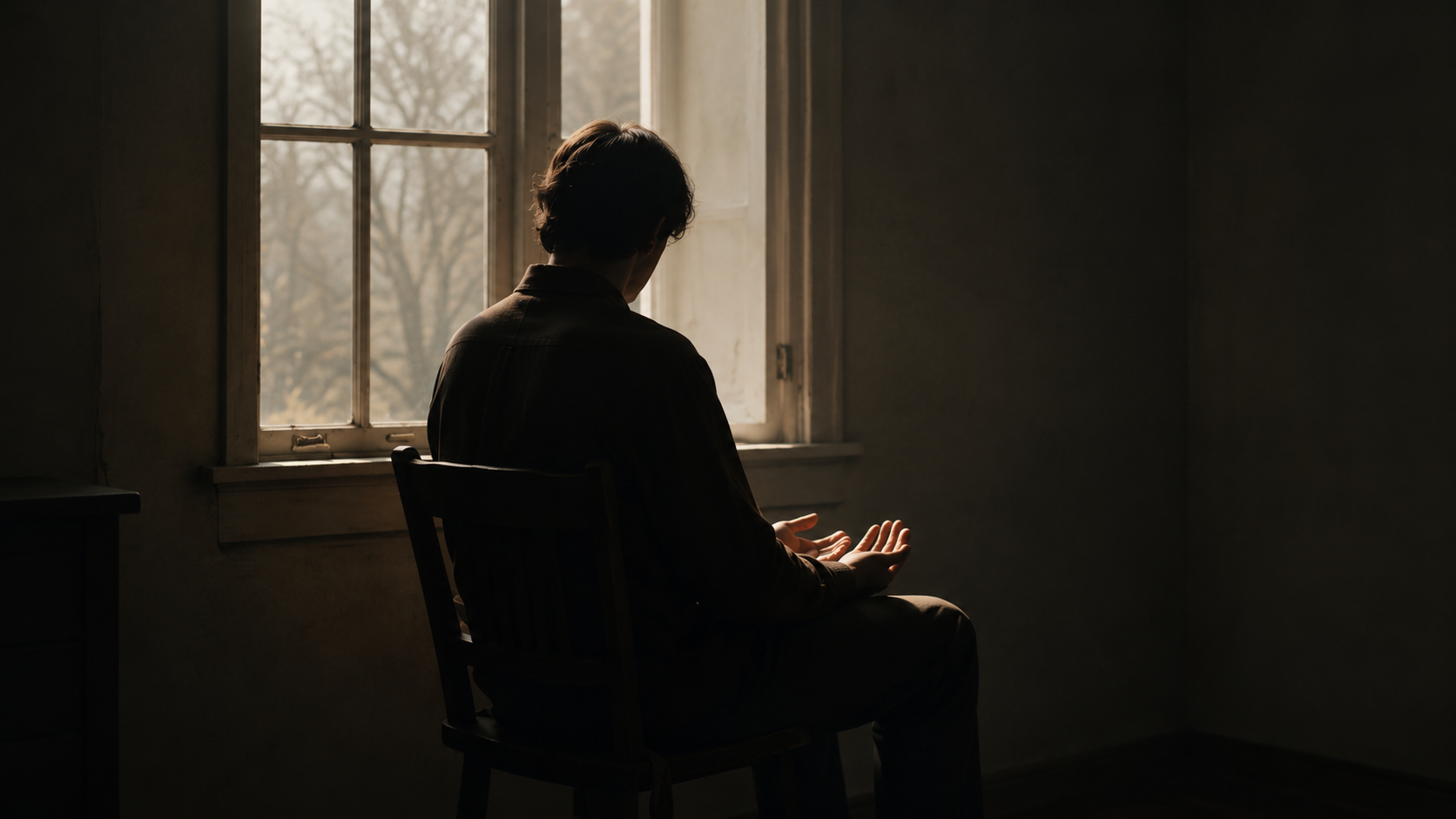 A figure seated alone at a window with hands open and empty in the pale light