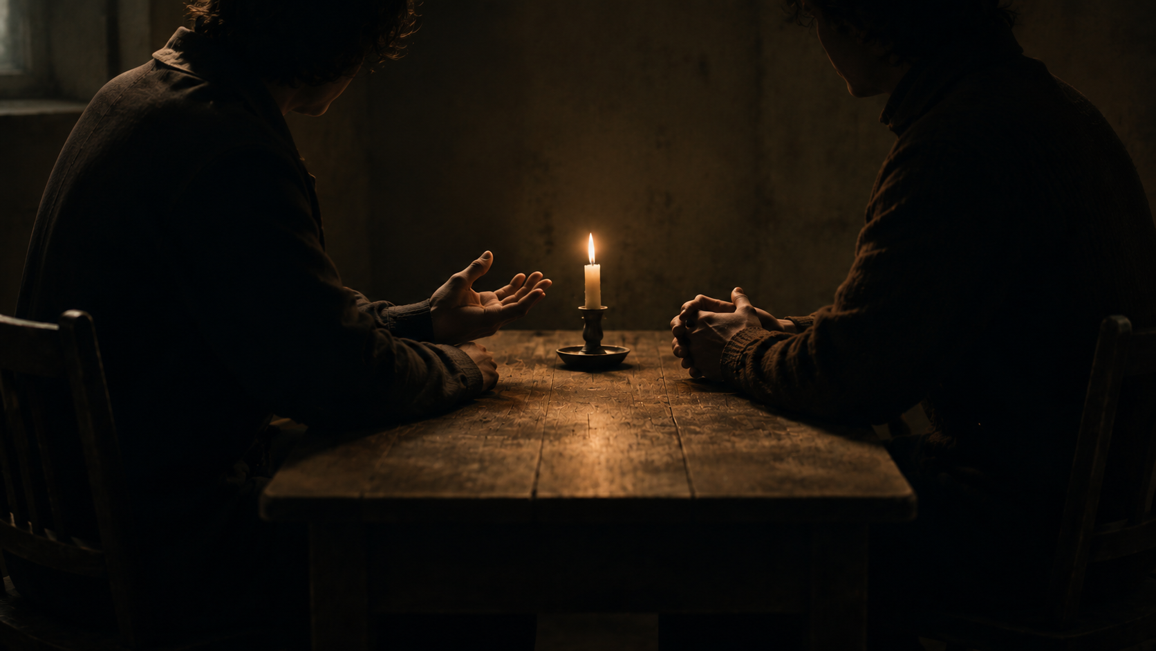Two brothers facing each other across a candlelit table, the argument between them alive in the air