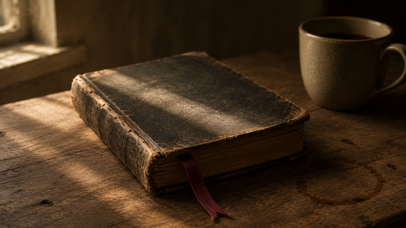 A well-loved copy of the novel resting on a simple wooden surface in morning light