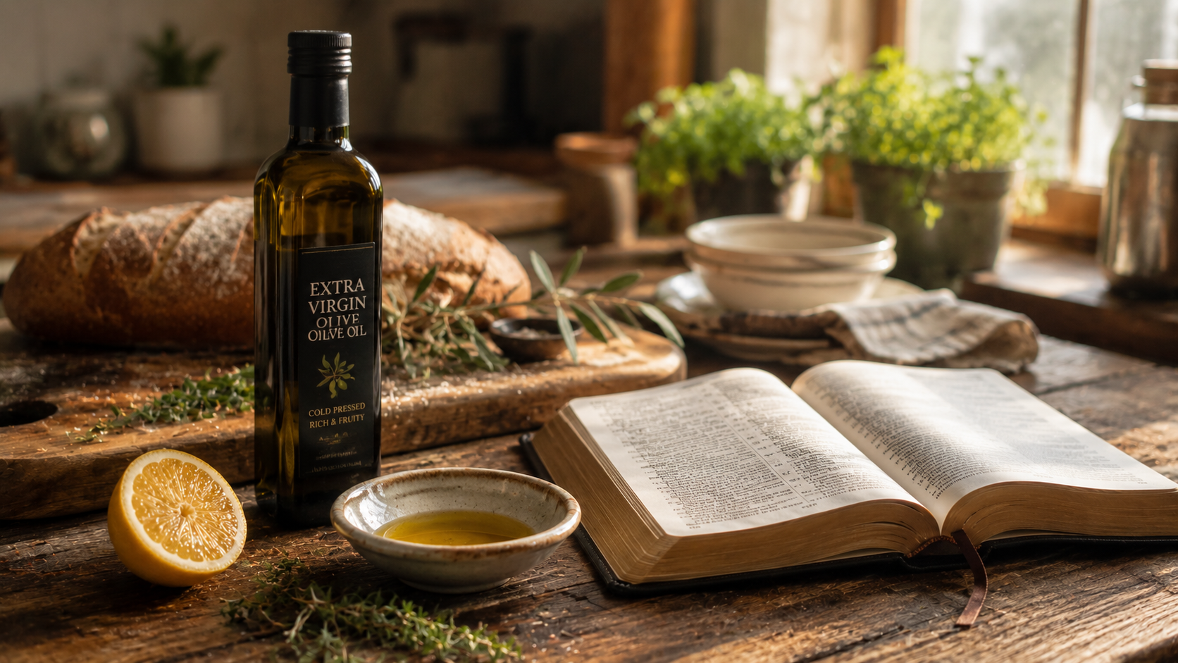 Rustic kitchen scene with a bottle of extra virgin olive oil, a bowl of golden olive oil, lemon, fresh herbs, and an open Bible on a wooden table illuminated by warm natural sunlight.