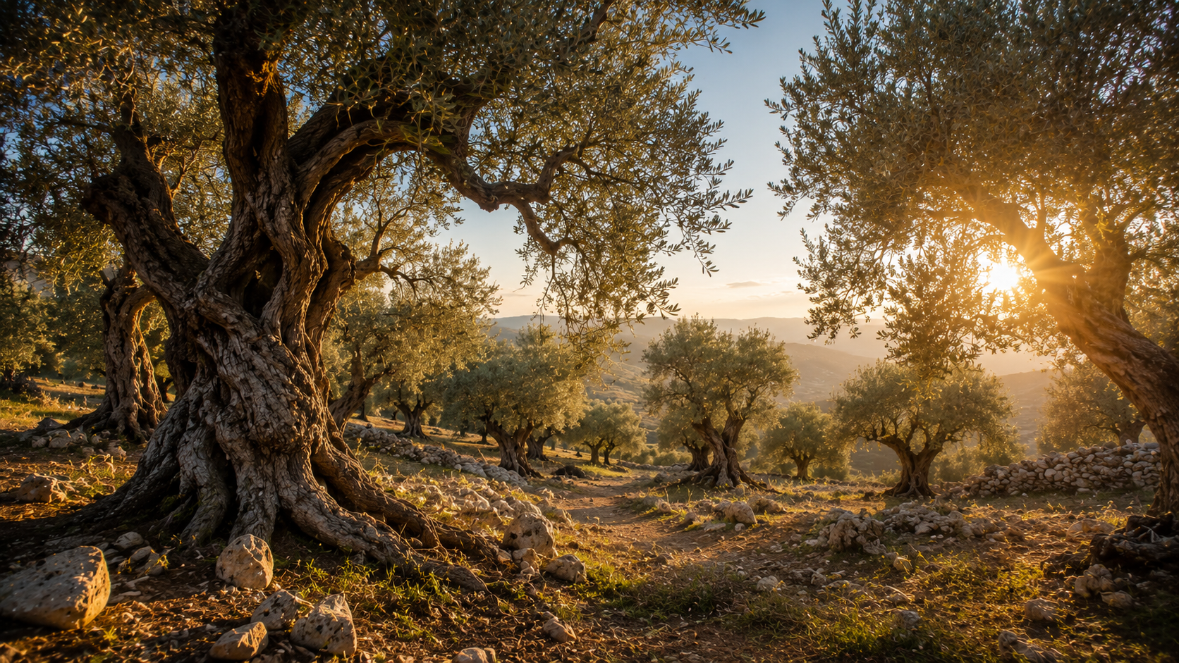 Wide-angle view of an ancient olive grove on a sunlit Mediterranean hillside with gnarled olive trees, silver-green leaves, and golden afternoon light filtering through the branches in a peaceful biblical landscape.