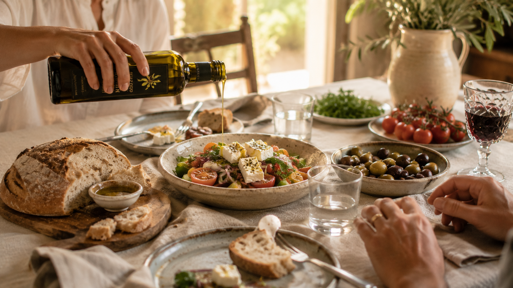 Warm Mediterranean-style meal on a linen-covered table with olive oil being poured over salad, fresh bread, olives, tomatoes, and herbs, with two people’s hands visible in soft natural light.