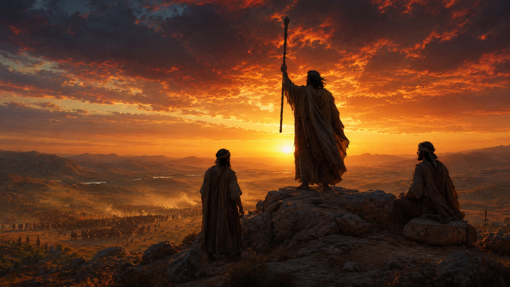 Silhouette of three figures on a desert hilltop at sunset with a raised staff against a dramatic sky, depicting Moses, Aaron, and Hur during the battle at Rephidim where Jehovah Nissi was named.