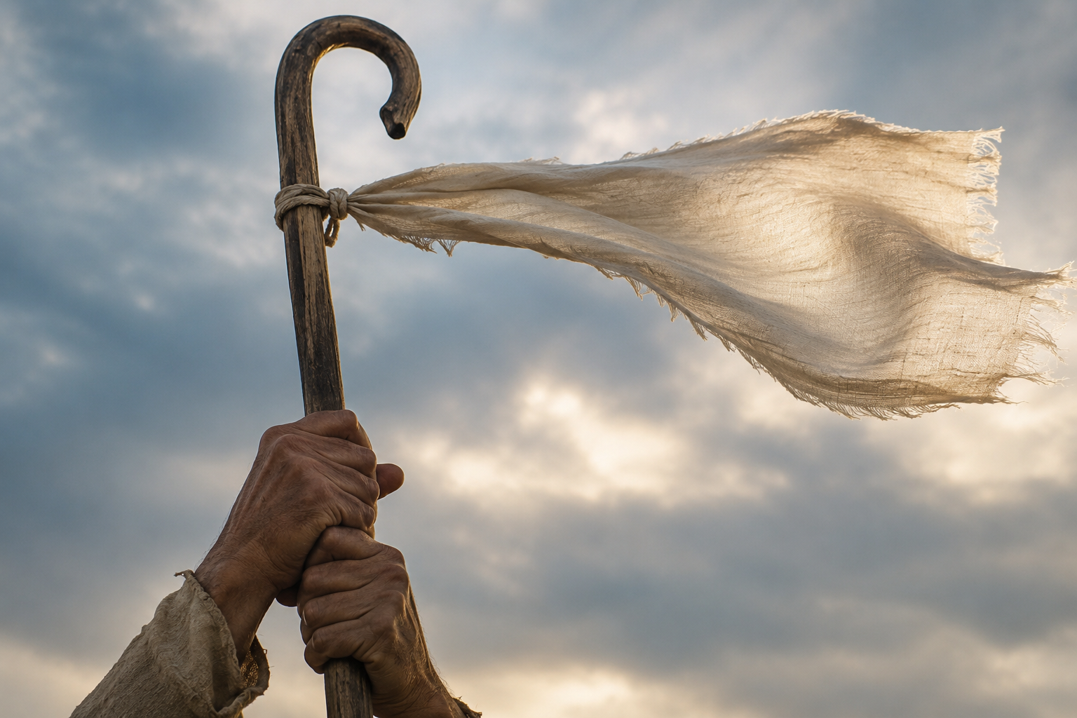 Weathered hands holding up a wooden staff with a cream linen banner against a cloudy sky, symbolizing Jehovah Nissi, the Lord as our banner.