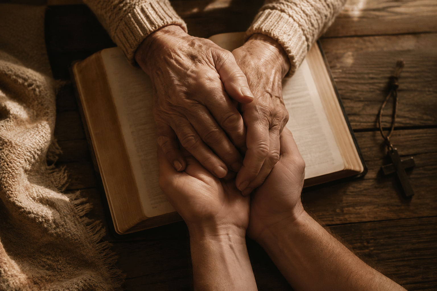 Two pairs of hands joined in prayer over an open Bible, representing intercessory prayer for the sick with Scripture.