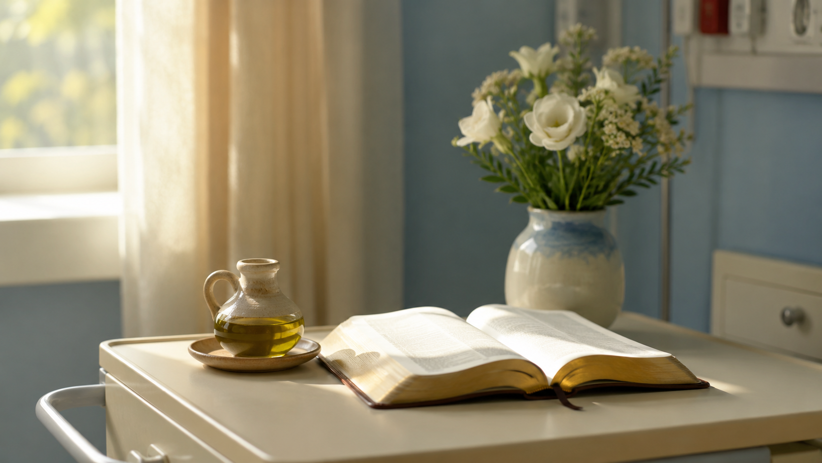 An open Bible and clay vessel of olive oil on a bedside table beside white flowers in soft light, representing prayer with Scripture for the sick.