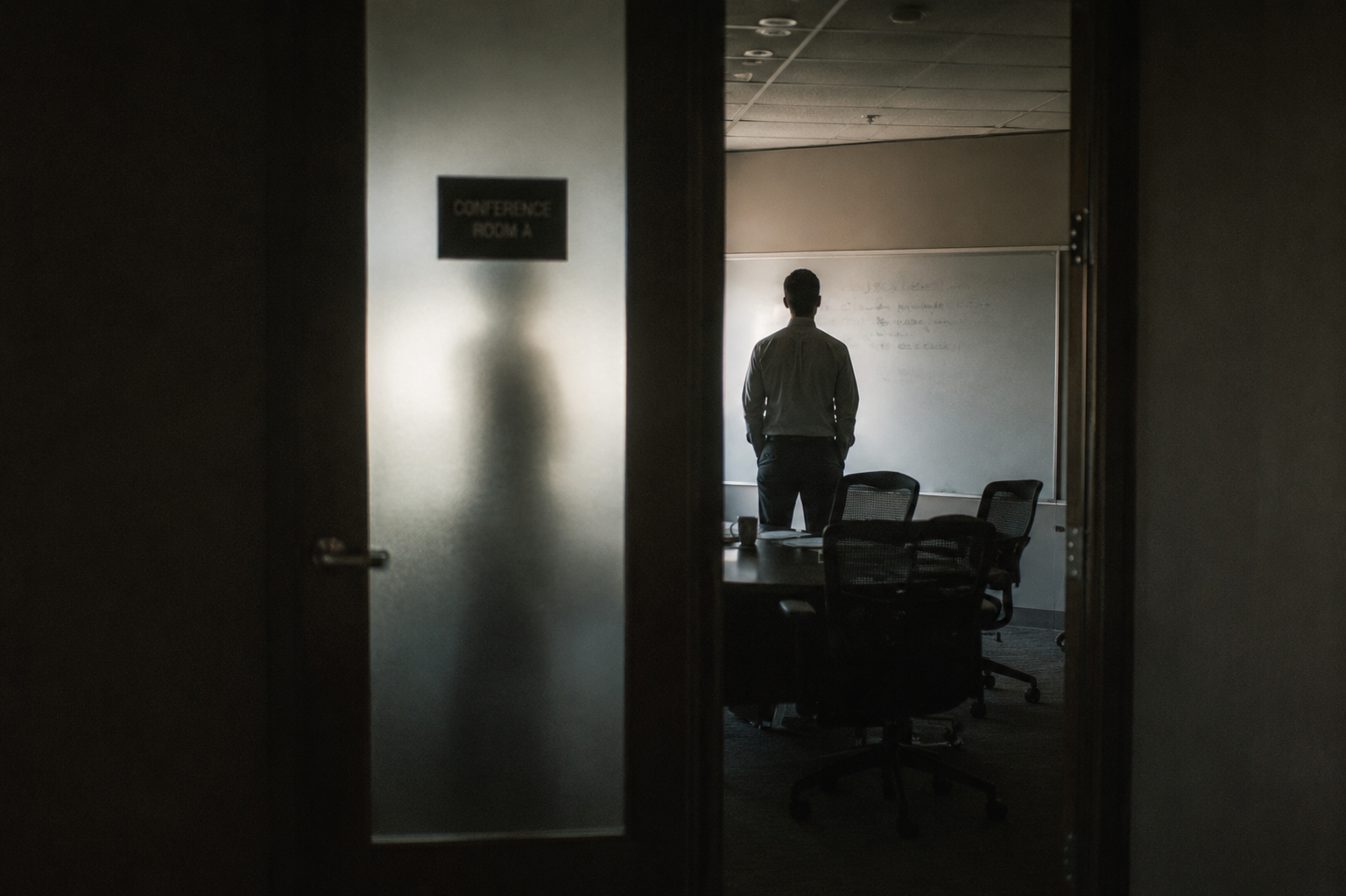 Silhouette of a man standing before a whiteboard in a dim conference room, the moment of inner turning point