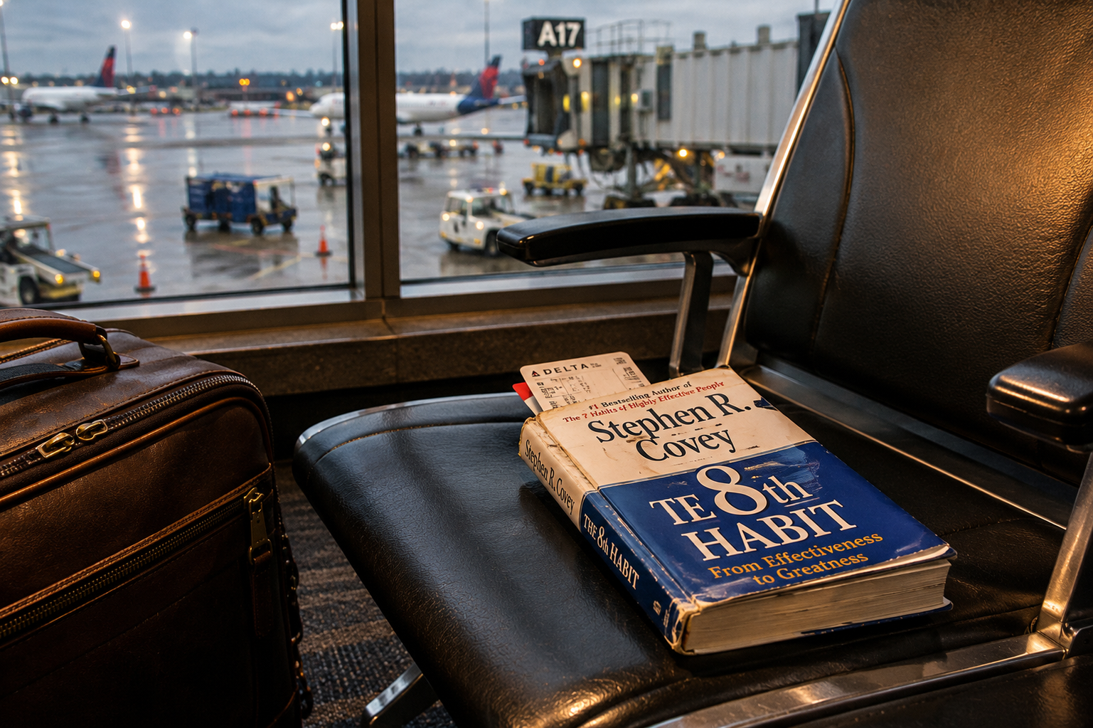 Copy of The 8th Habit by Stephen Covey resting on an airport gate seat with a boarding pass bookmark 