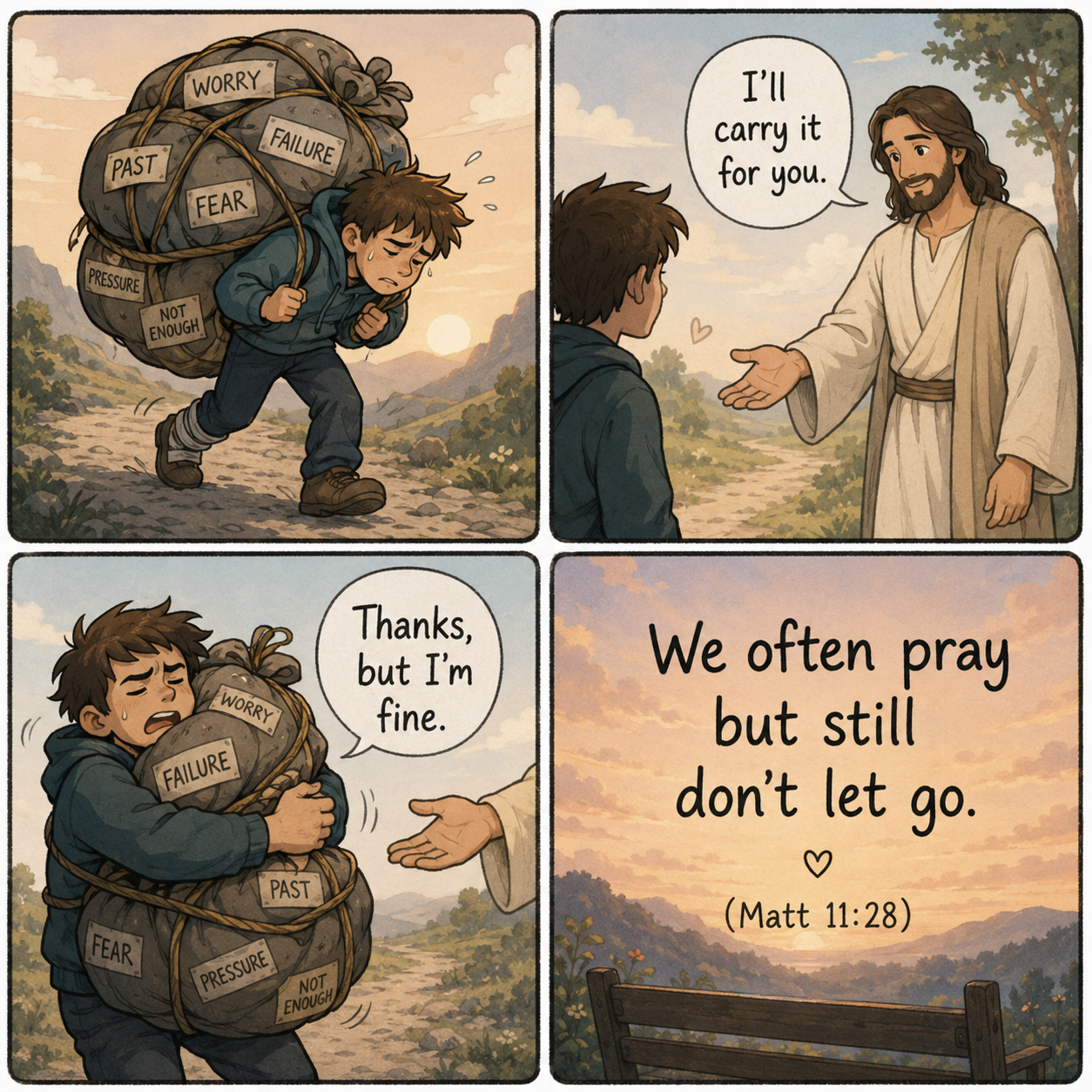 A four-panel Christian comic showing a tired man carrying heavy burdens while Jesus offers to carry them for him, illustrating Matthew 11:28 and the struggle to truly surrender worries to God.