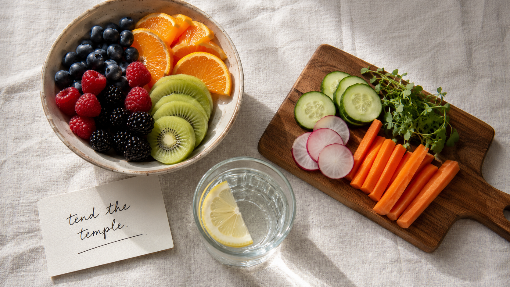 A top-down flat lay of fresh fruit, sliced vegetables, lemon water, and a handwritten note that reads “tend the temple,” arranged on a clean linen surface in soft natural light.
