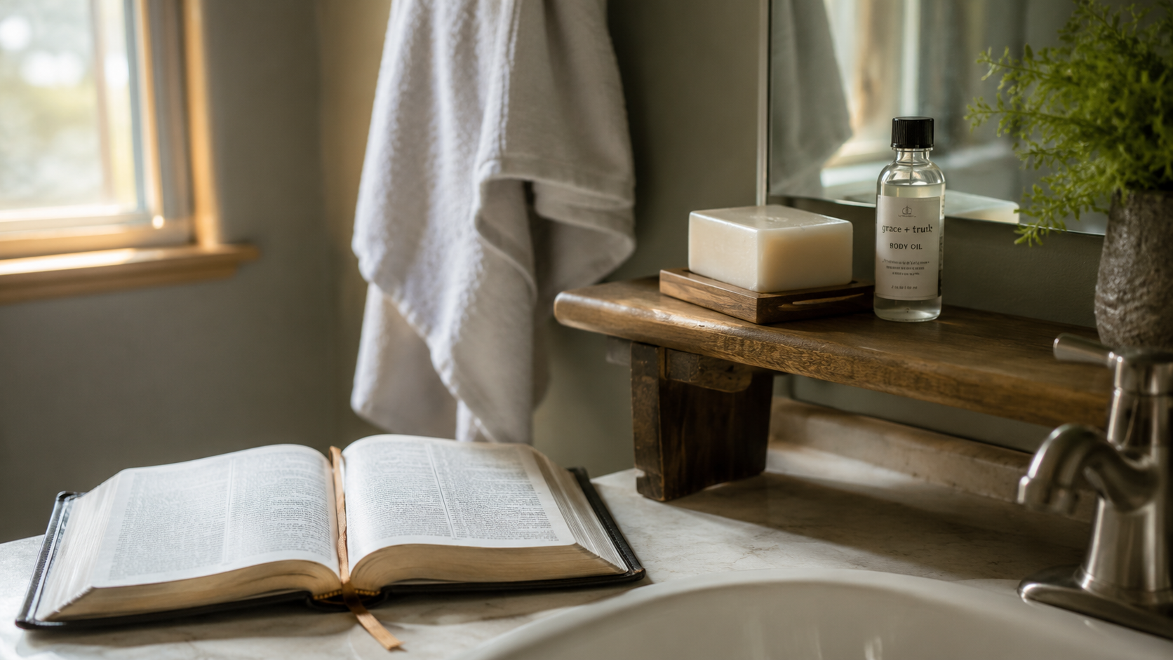 A photorealistic bathroom scene in soft morning light featuring an open Bible on a countertop beside a sink, with a white bar of soap and a small bottle resting on a wooden shelf. The warm, peaceful setting conveys reflection, simplicity, and thoughtful decision-making in everyday life.