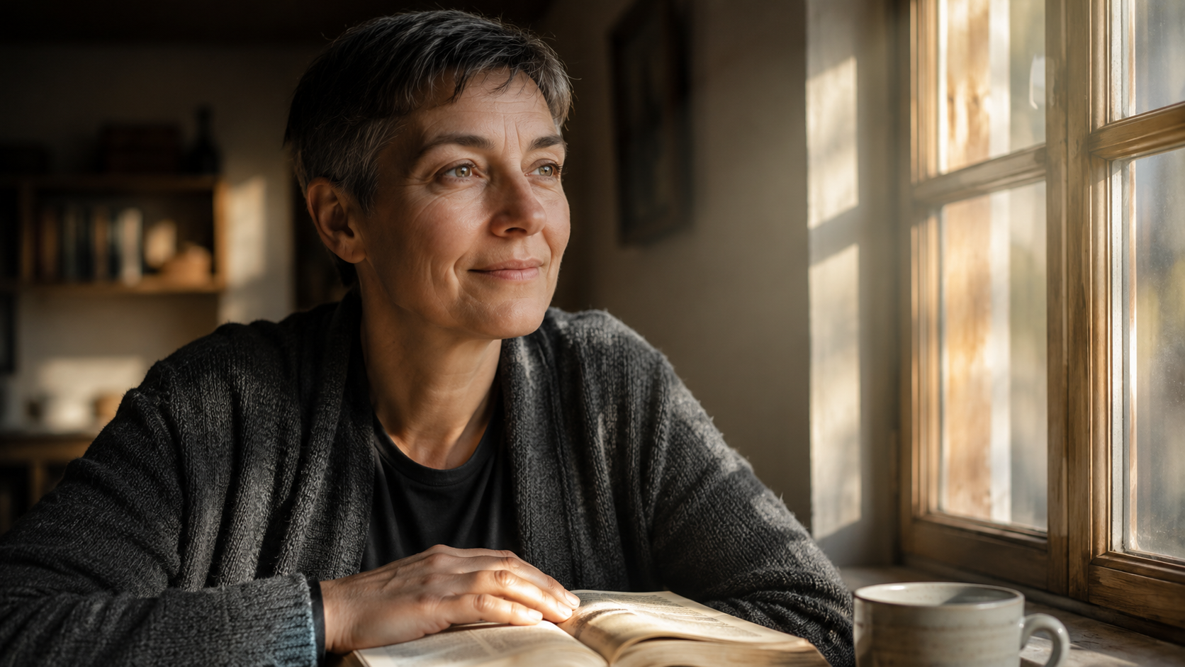 A photorealistic portrait of a middle-aged person sitting beside a sunlit window with a hand resting on an open Bible. Warm morning light illuminates their calm, reflective expression, conveying a sense of peace, trust, and spiritual assurance.