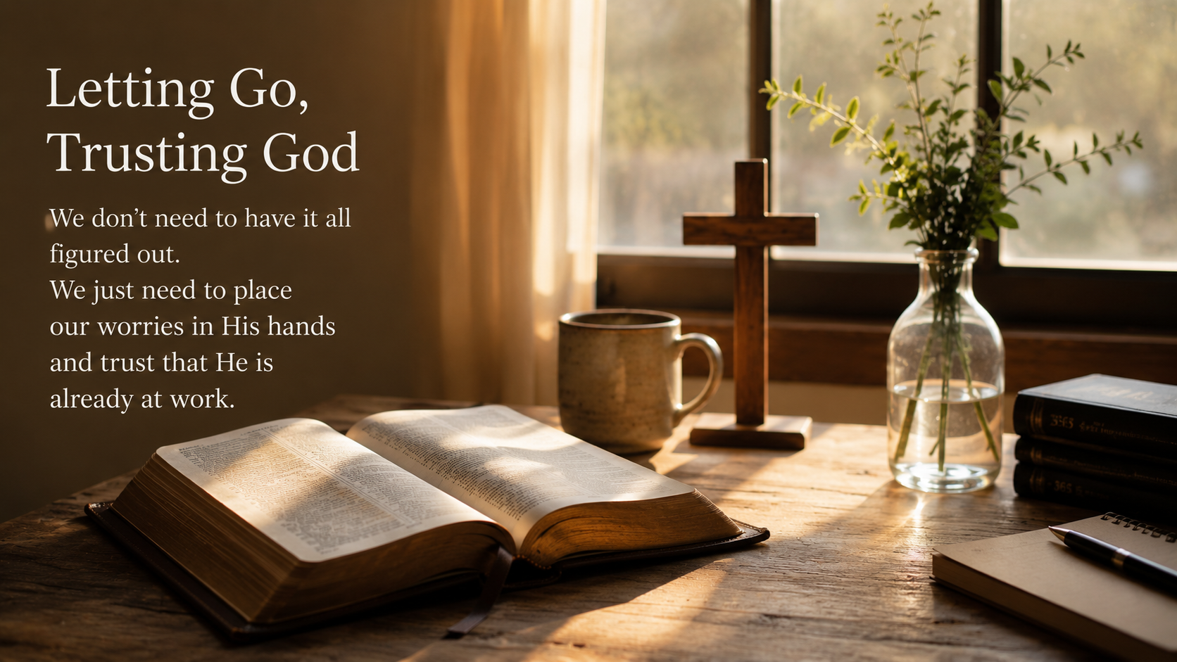 A warm, photorealistic still-life scene featuring an open Bible on a wooden table beside a coffee mug, a wooden cross, and a vase of greenery near a sunlit window. Soft golden light fills the room, creating a peaceful atmosphere that symbolizes trust, surrender, and confidence in God's guidance.