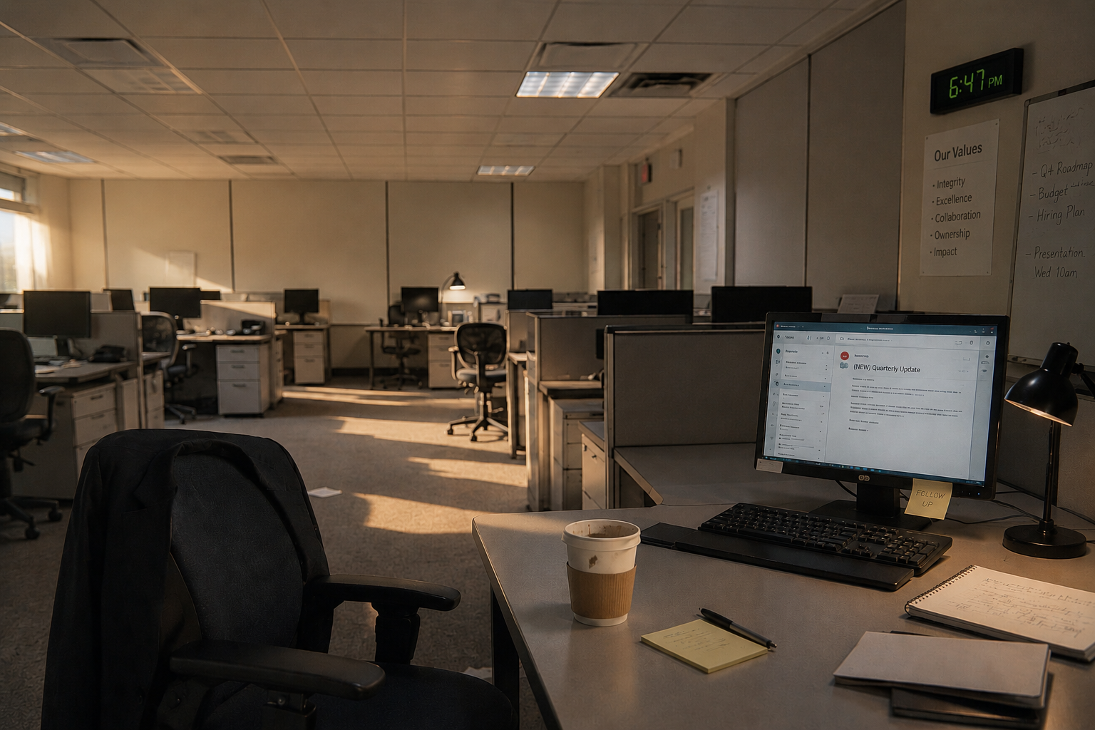 Dimly lit empty office at evening with one desk lamp on and a cold coffee cup beside a keyboard, representing the spiritual disconnect Christian workers feel between faith and daily work