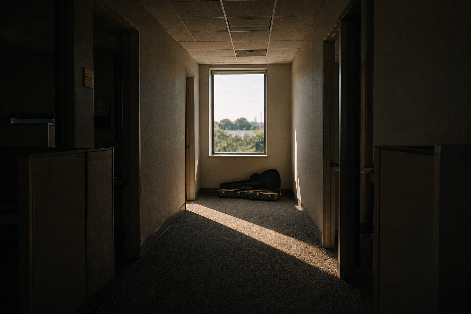 Morning light cutting diagonally through an office corridor window with a worn saxophone case resting beneath it, symbolizing the moment ordinary work becomes an act of worship