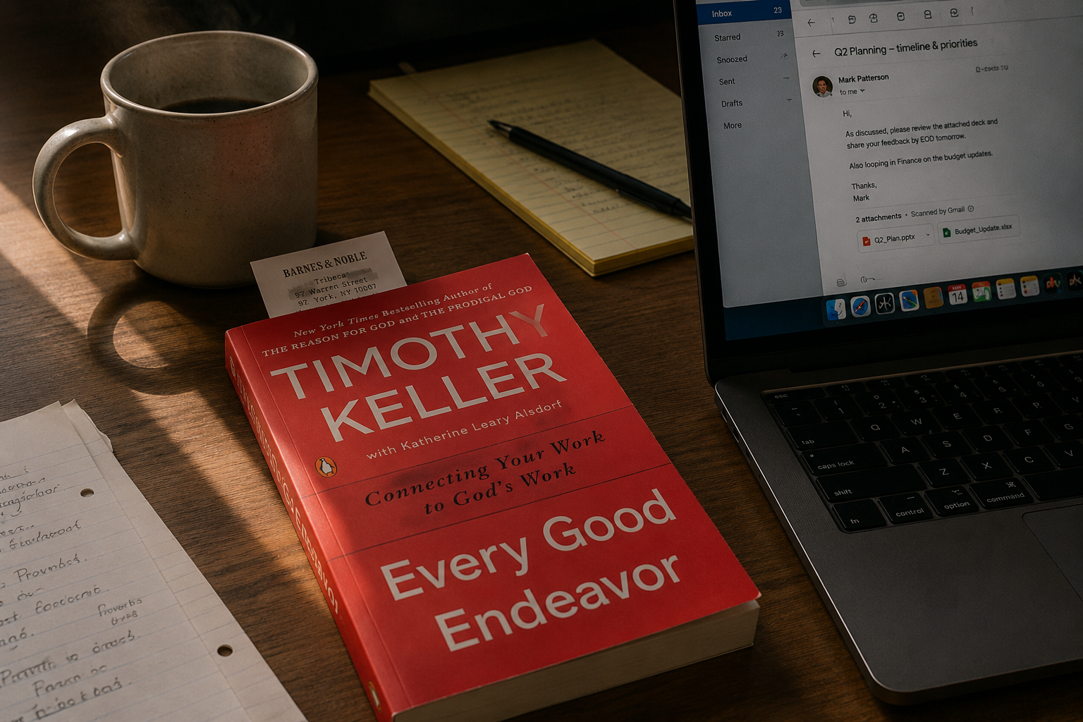 Every Good Endeavor by Timothy Keller resting open on a wooden desk beside a laptop and steaming coffee mug, with a receipt bookmark mid-chapter