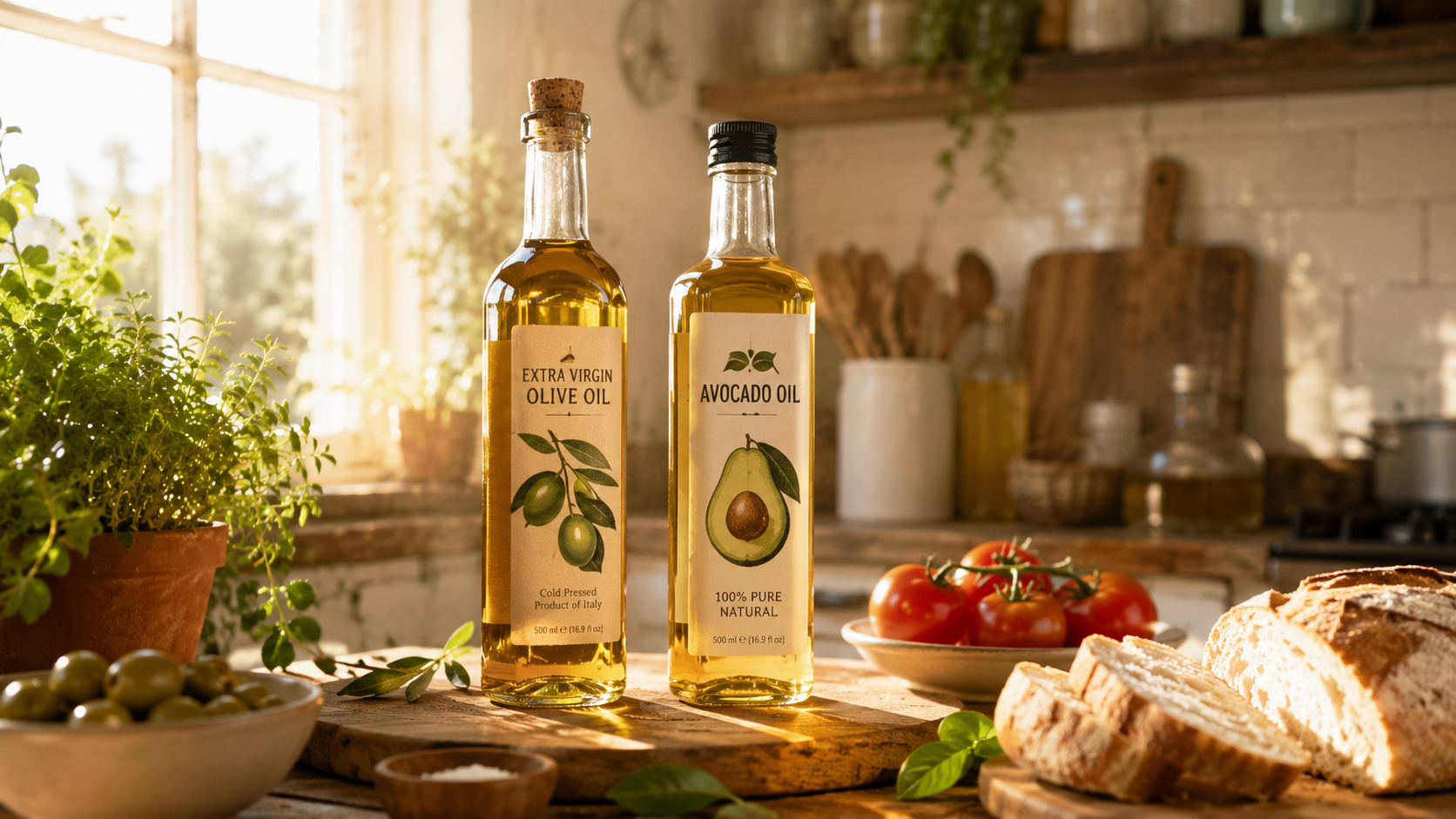 Avocado oil and extra virgin olive oil displayed on a sunlit rustic kitchen counter alongside fresh tomatoes, olives, herbs, and crusty bread, creating a warm and inviting healthy cooking scene.