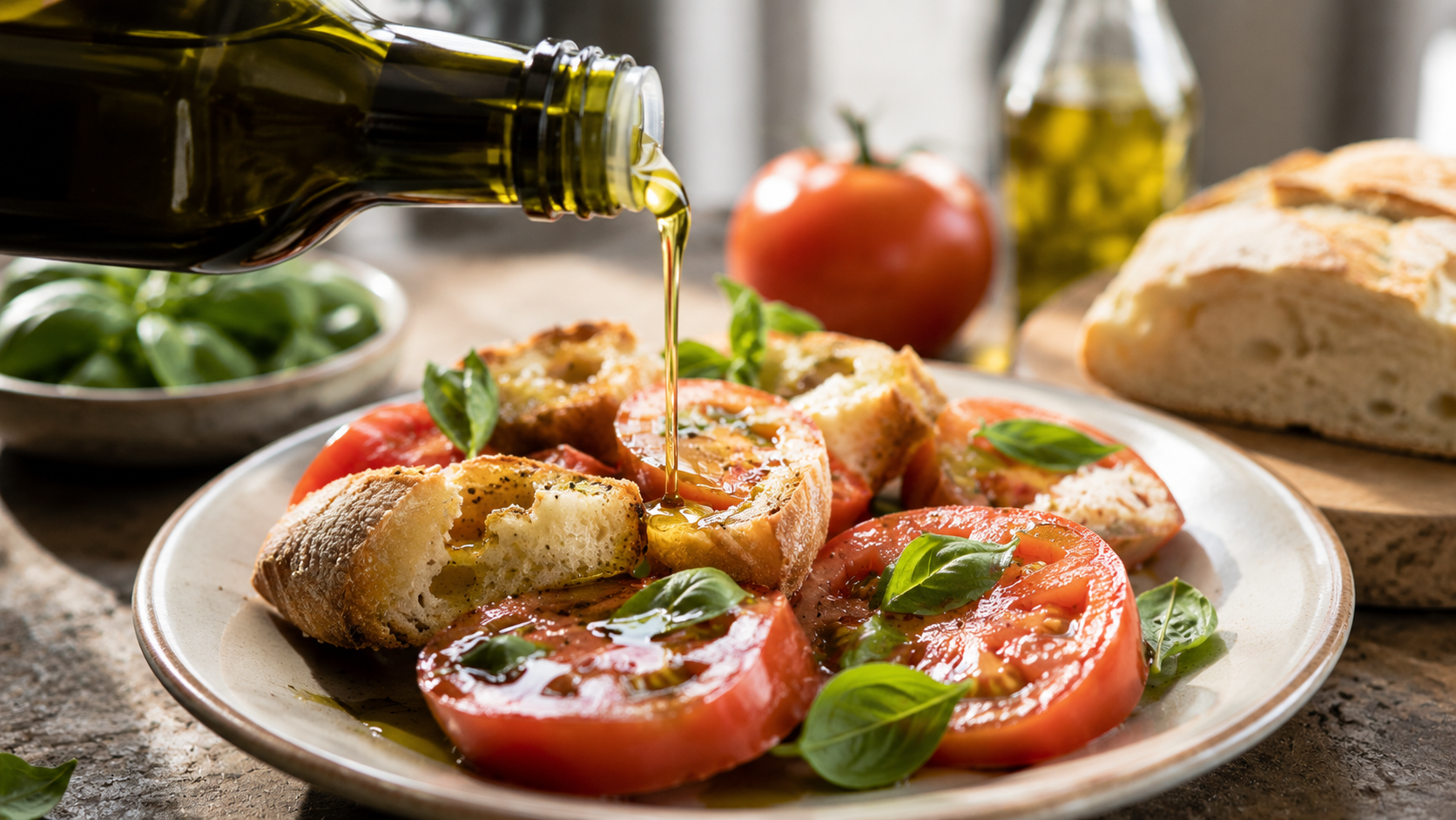 Close-up of extra virgin olive oil being drizzled over sliced tomatoes, fresh basil, and torn rustic bread under soft natural light, highlighting a healthy Mediterranean-style meal.