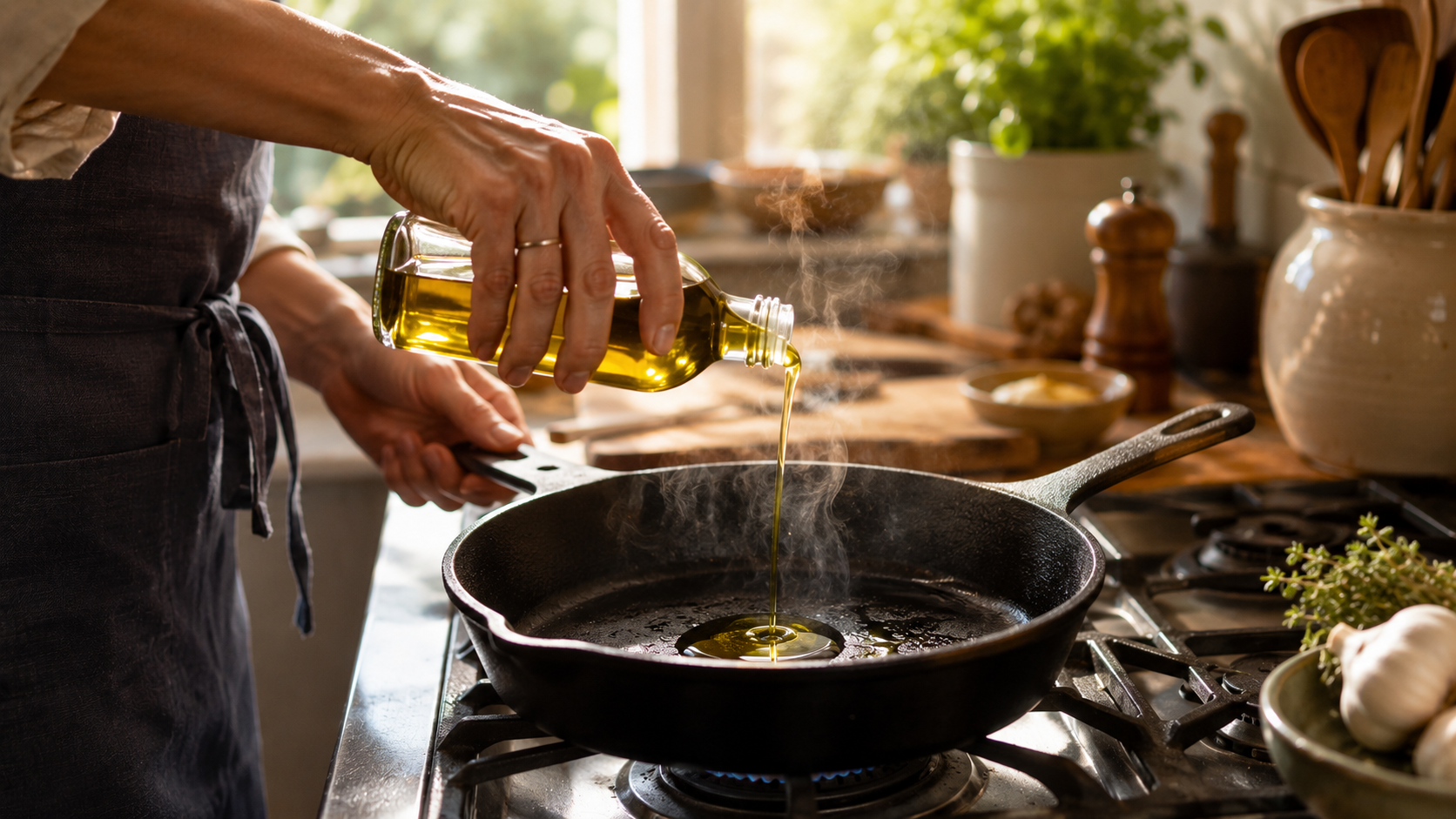 Hands pouring cooking oil into a hot cast-iron skillet on a stovetop with gentle steam rising, surrounded by a warm and inviting home kitchen atmosphere.