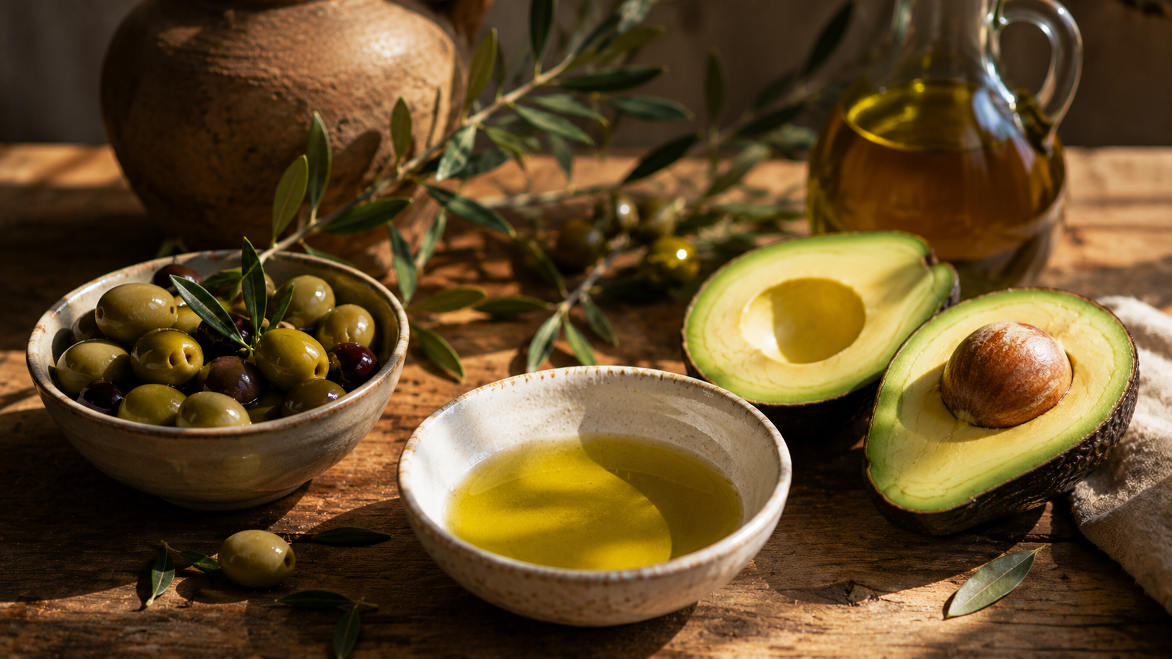 Still life of green olives, a halved avocado, and a small ceramic bowl filled with golden oil on a rustic wooden table, illuminated by warm natural light and soft shadows.