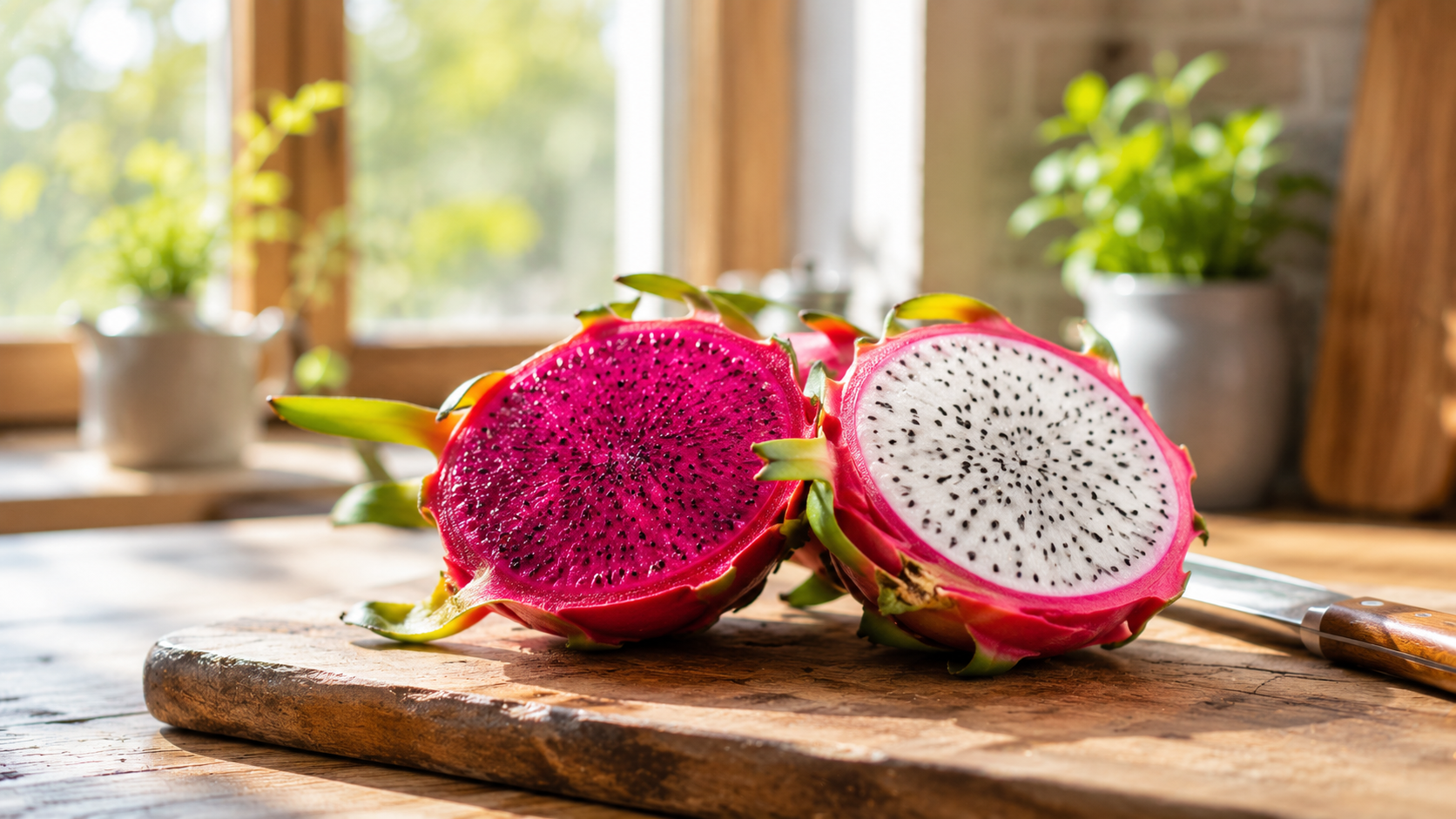 Halved dragon fruit with vivid pink and white flesh and tiny black seeds resting on a rustic wooden cutting board near a sunlit kitchen window, surrounded by soft morning light and a blurred natural background.