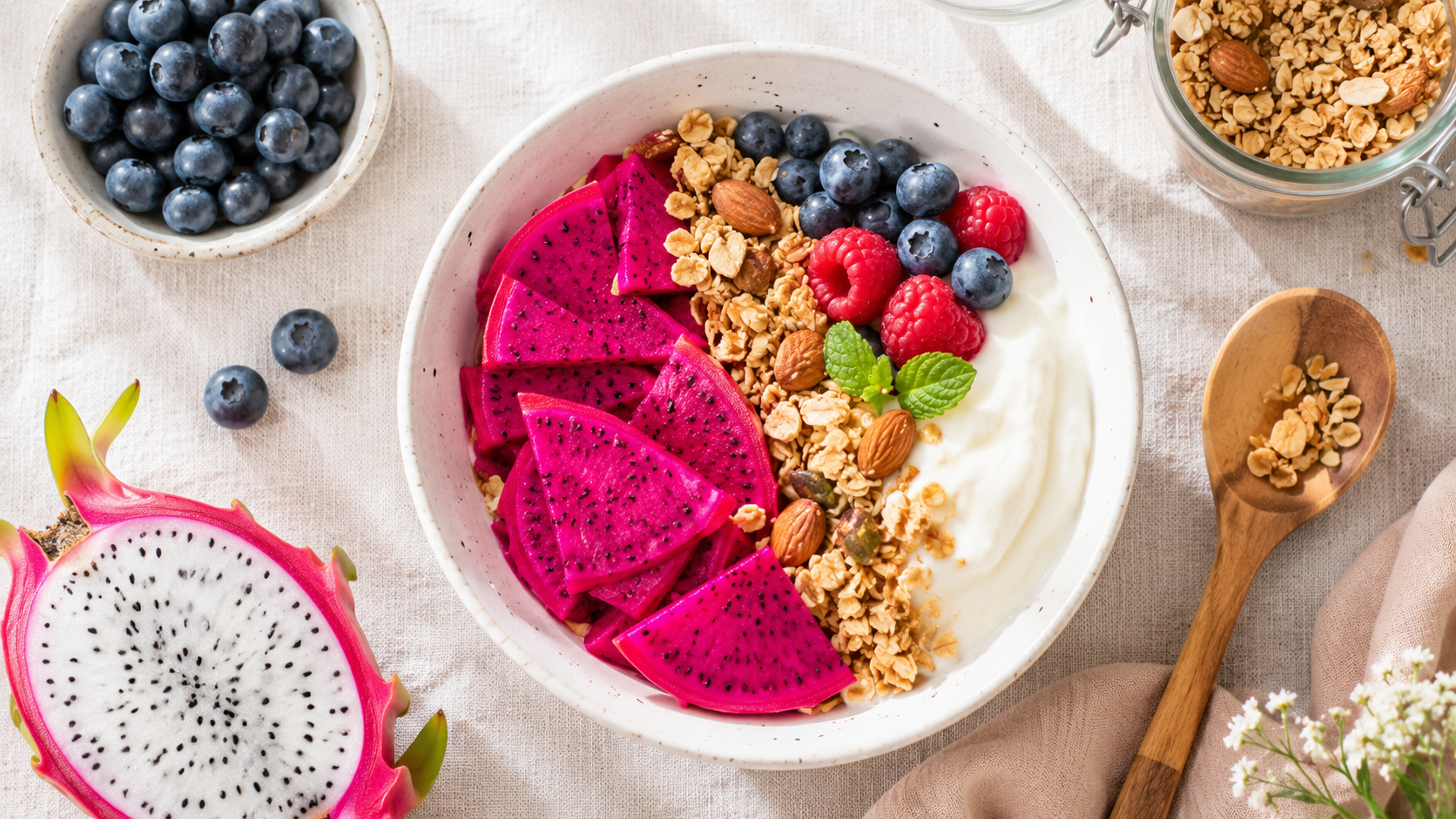 Healthy dragon fruit breakfast bowl with yogurt, granola, fresh berries, and nuts arranged on a light linen surface in bright natural daylight.