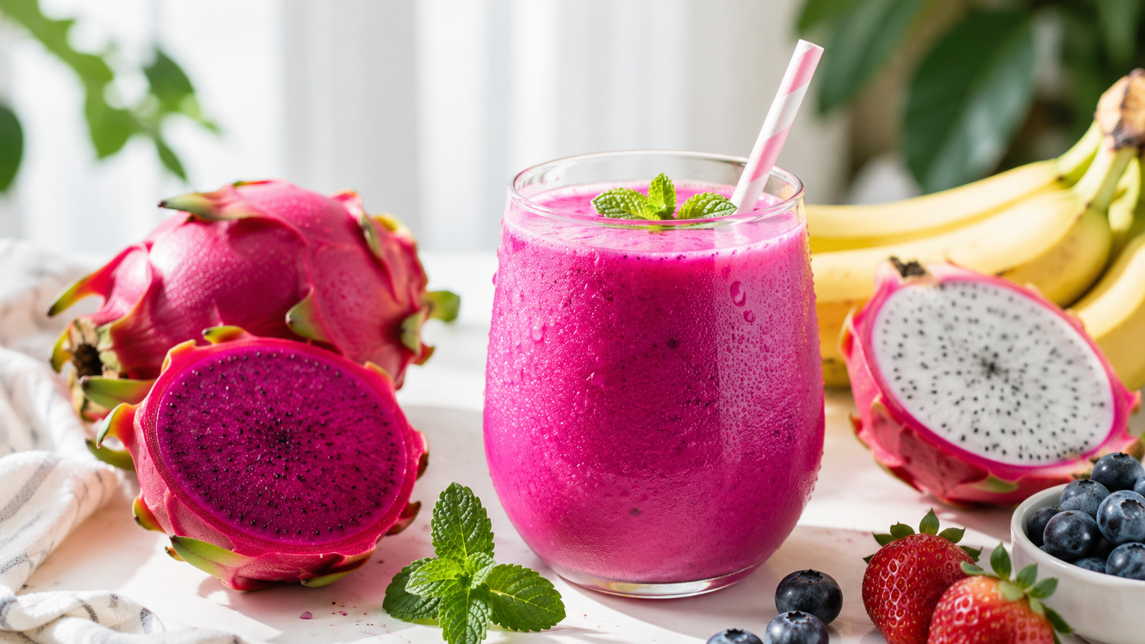 Dragon fruit smoothie with vibrant pink color served in a clear glass, surrounded by fresh tropical fruit and berries in bright natural light.