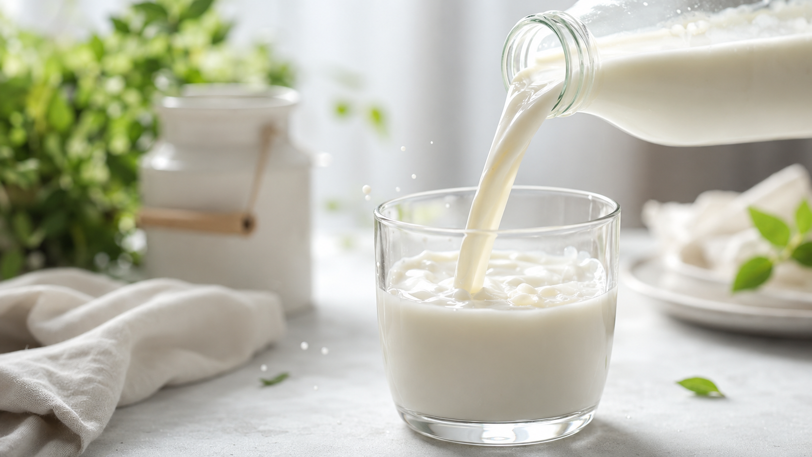 Close-up of creamy goat milk being poured from a glass bottle into a clear drinking glass on a light-colored surface. Soft splashes and droplets are visible as bright natural light fills the scene, creating a clean, fresh, and minimalist food photography composition.