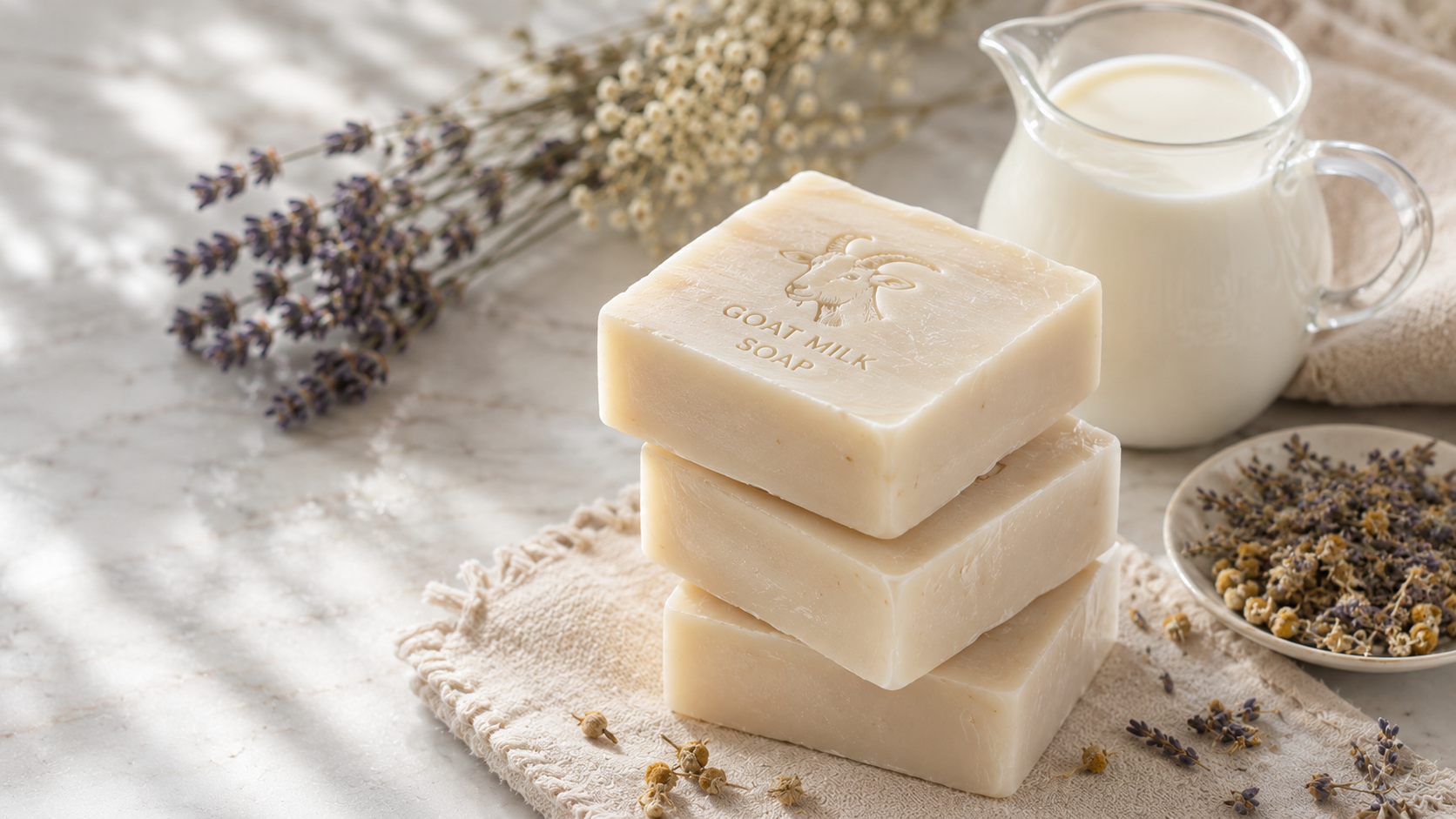 Stacked handmade goat milk soap bars on a marble countertop beside a small glass pitcher of milk, dried lavender, and botanical ingredients. Soft natural daylight and neutral tones create a serene, spa-like atmosphere that highlights natural skincare and wellness.