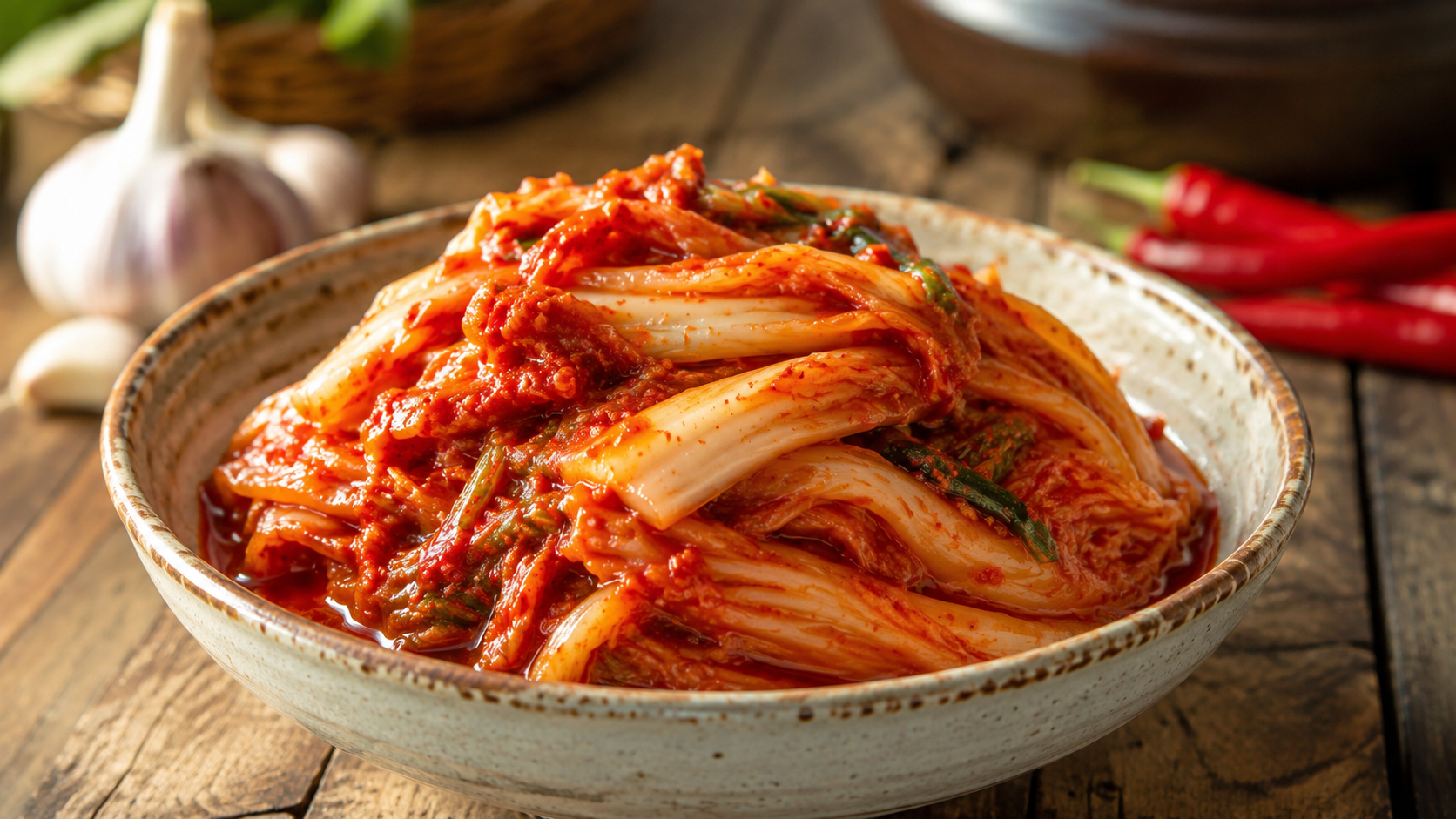A traditional Korean ceramic bowl filled with freshly made napa cabbage kimchi sits on a rustic wooden table. The kimchi’s vibrant red color stands out in warm natural daylight, while fresh garlic and red chili peppers appear softly blurred in the background. The image captures the rich texture and appetizing appeal of Korea’s iconic fermented dish.