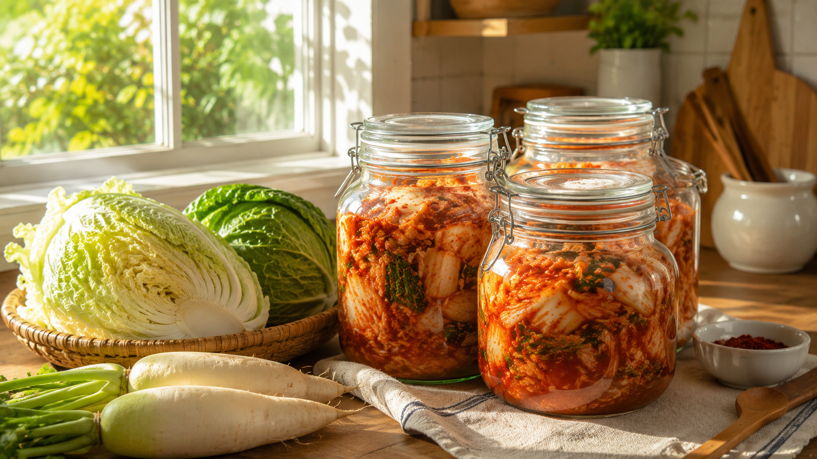 Glass jars of fermenting kimchi sit on a sunlit kitchen counter beside fresh napa cabbage and white radishes. Warm morning light streams through a nearby window, highlighting the vibrant red color of the kimchi and creating a cozy, wholesome atmosphere that celebrates traditional Korean food preparation.
